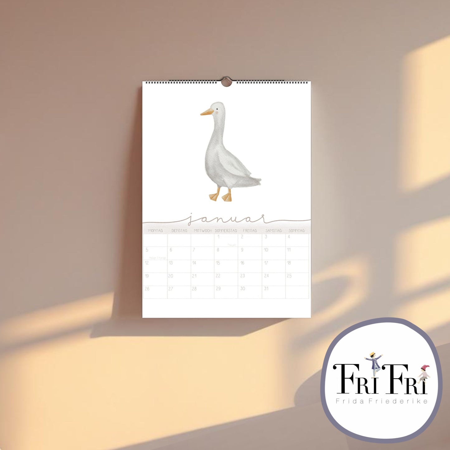 Wandplaner 2026 Lieblingstiere A3/A4 | Handillustrierter Aquarell Kalender | Ruhiges Kinderzimmer Design | Geschenk Familie