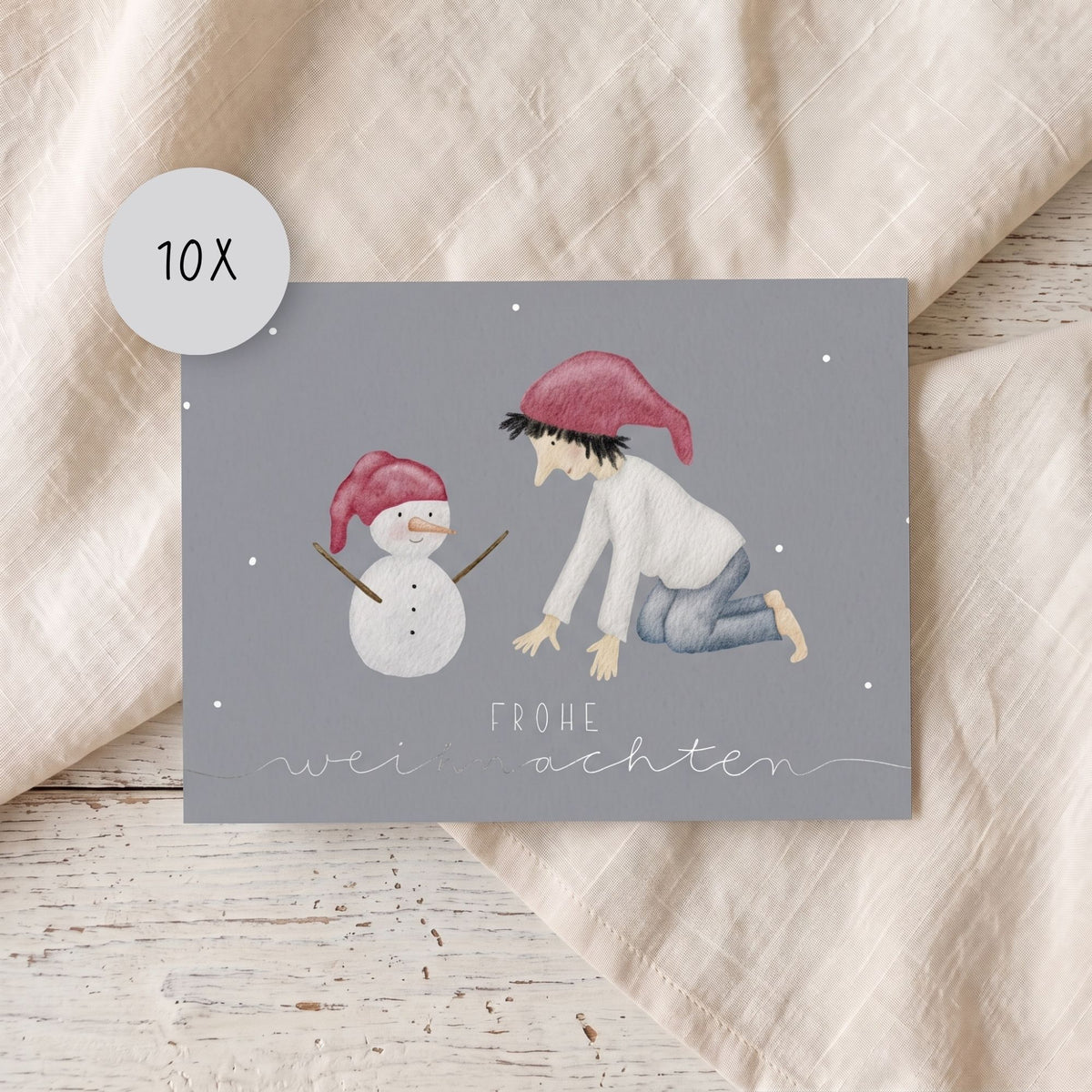 Weihnachtskarten Set 10 Stück – "Wichtel & Schneemann" | handillustrierte Grußkarten/Postkarten A5/A6 | Frohe Weihnachten