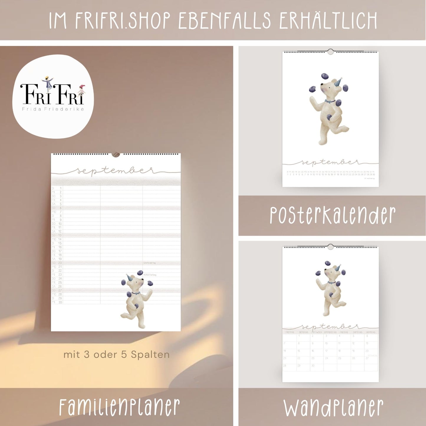 Lustiger Bären Familienplaner 2026 -  Wandkalender für die ganze Familie mit 5 Spalten, Geschenkidee