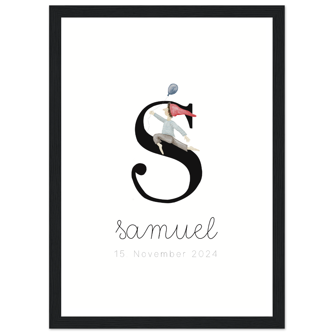 gerahmtes Geburtsposter mit Zwergenbuchstabe (personalisierbar)