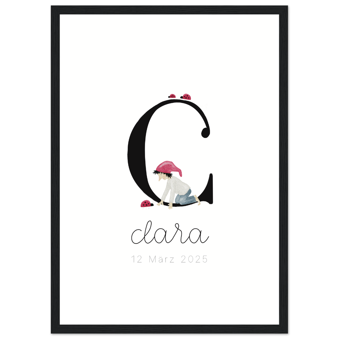 gerahmtes Geburtsposter mit Zwergenbuchstabe (personalisierbar)