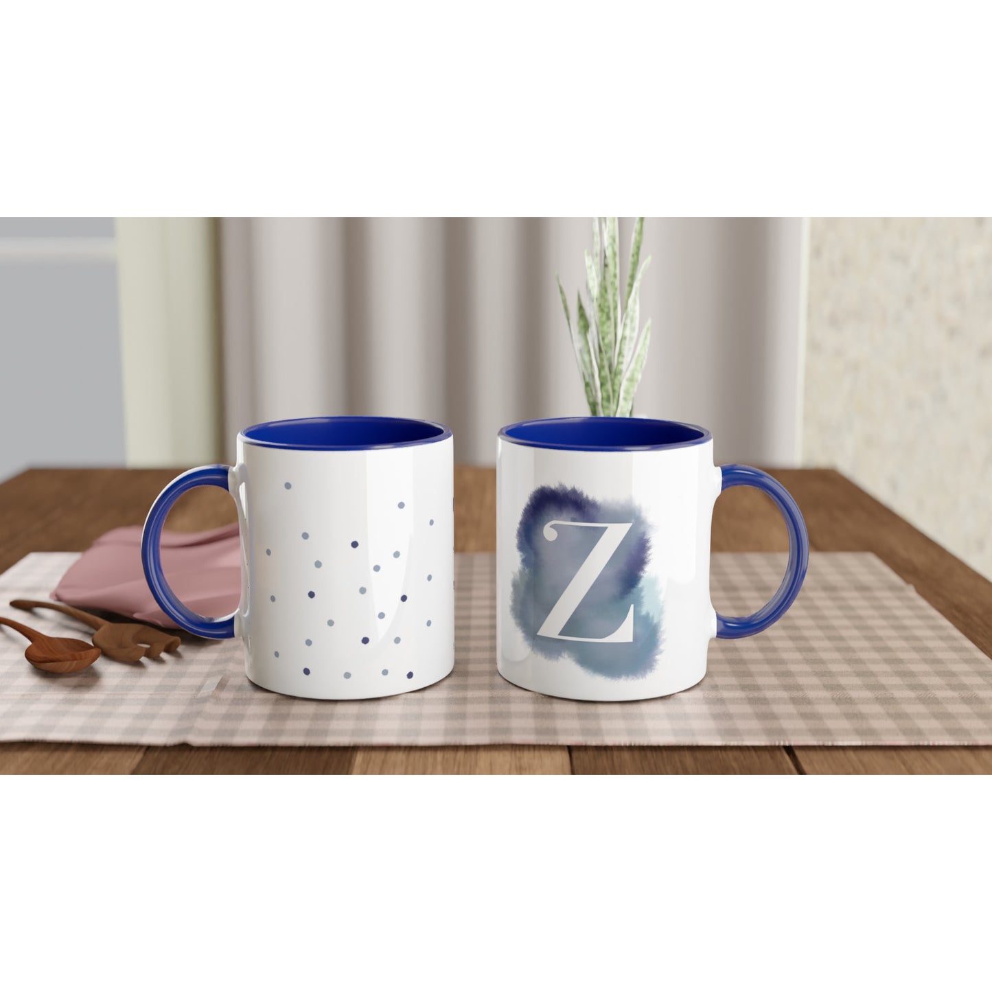Keramiktasse "blaues Aquarell Z" mit Punkten