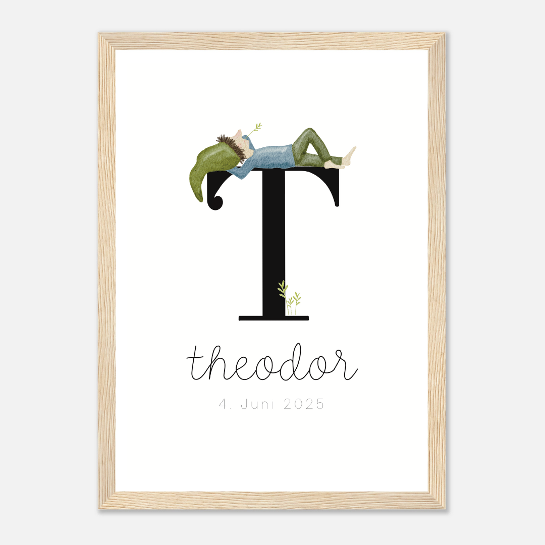 gerahmtes Geburtsposter mit Zwergenbuchstabe (personalisierbar)
