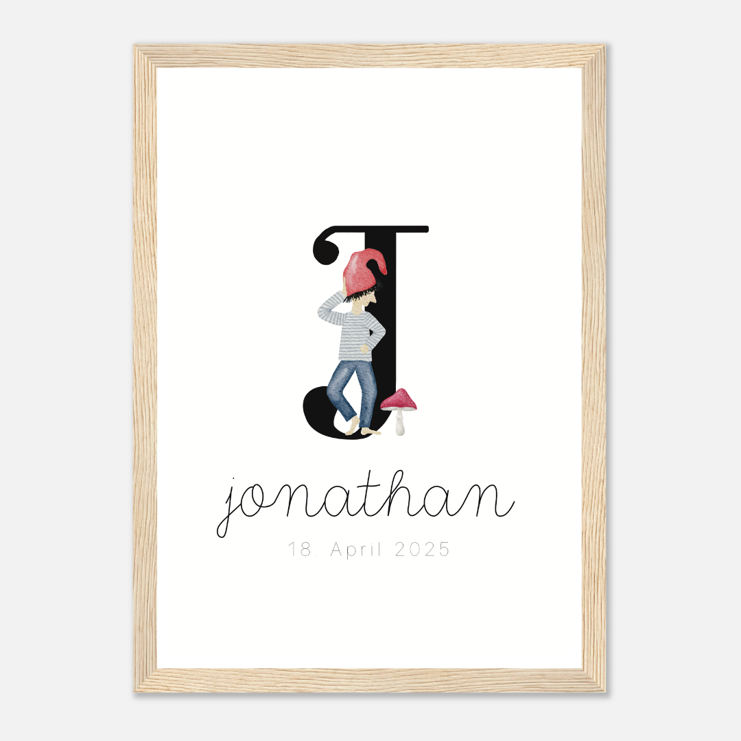 gerahmtes Geburtsposter mit Zwergenbuchstabe (personalisierbar)