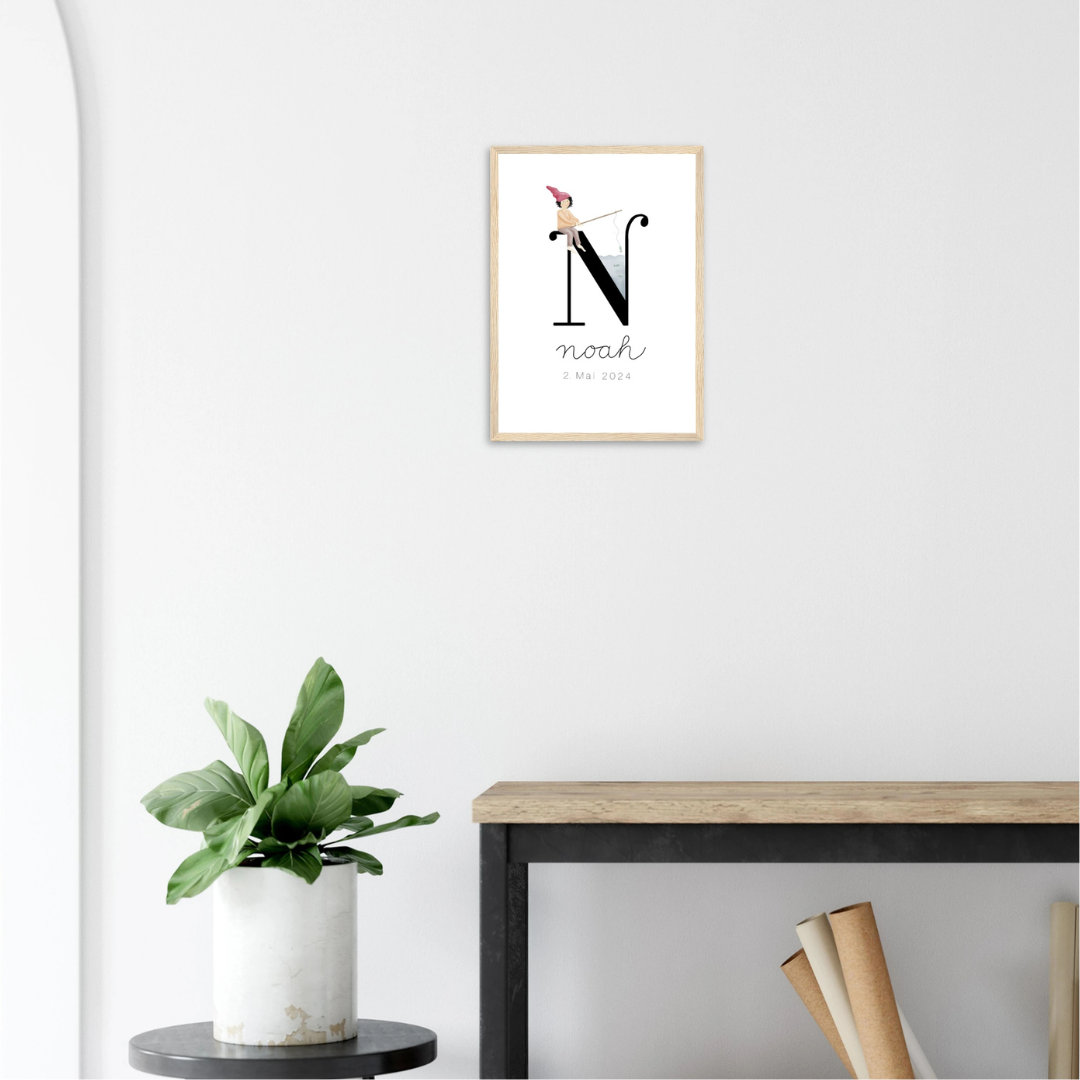 gerahmtes Geburtsposter mit Zwergenbuchstabe (personalisierbar)