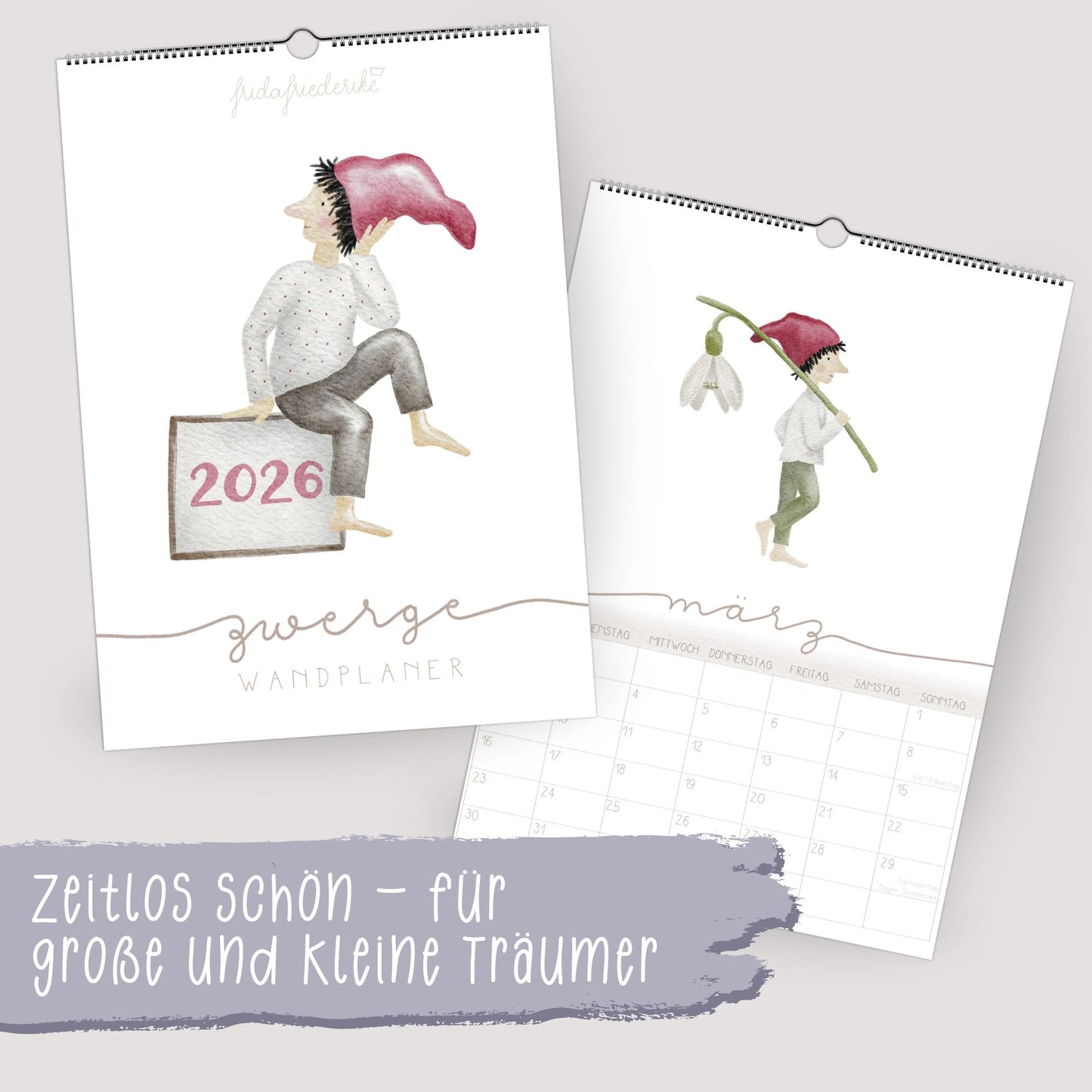 Wandplaner 2026 "Zwerge" A3/A4 – liebevoll illustrierter Kalender mit Zwergenmotiven | märchenhaftes Design | Weihnachtsgeschenk 2026