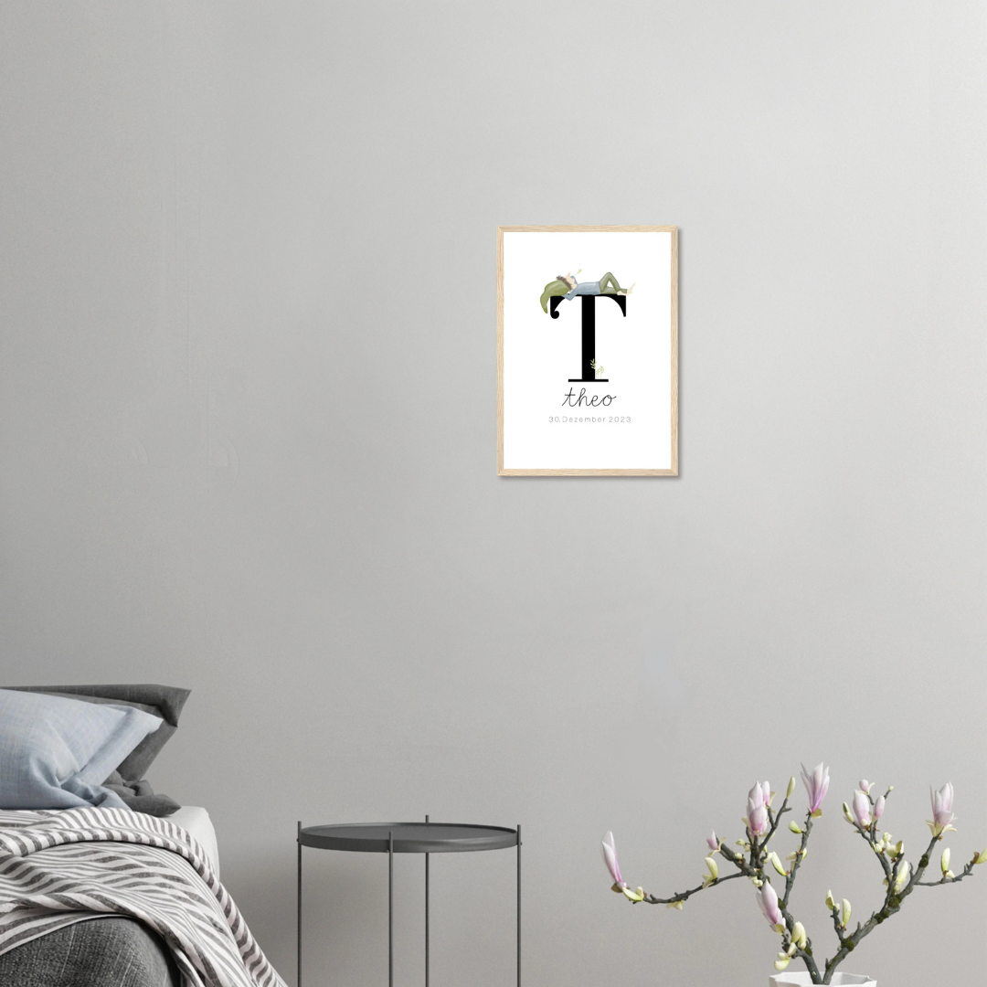gerahmtes Geburtsposter mit Zwergenbuchstabe (personalisierbar)