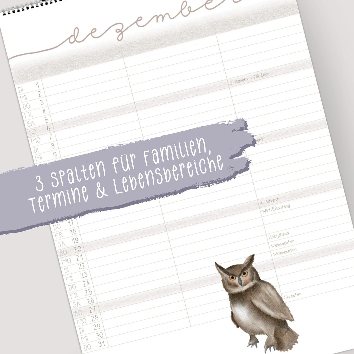 Familienplaner 2026 "Waldtiere" - Handillustrierter Wandkalender für die ganze Familie mit 3 Spalten