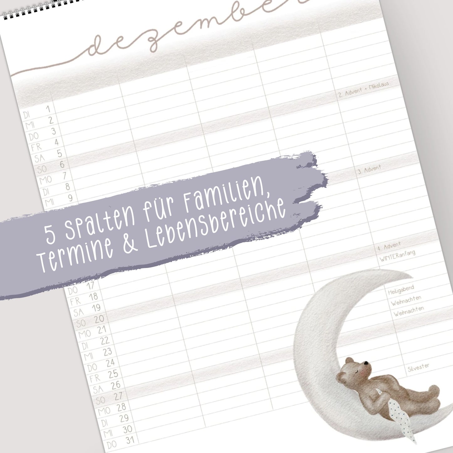 Lustiger Bären Familienplaner 2026 -  Wandkalender für die ganze Familie mit 5 Spalten, Geschenkidee