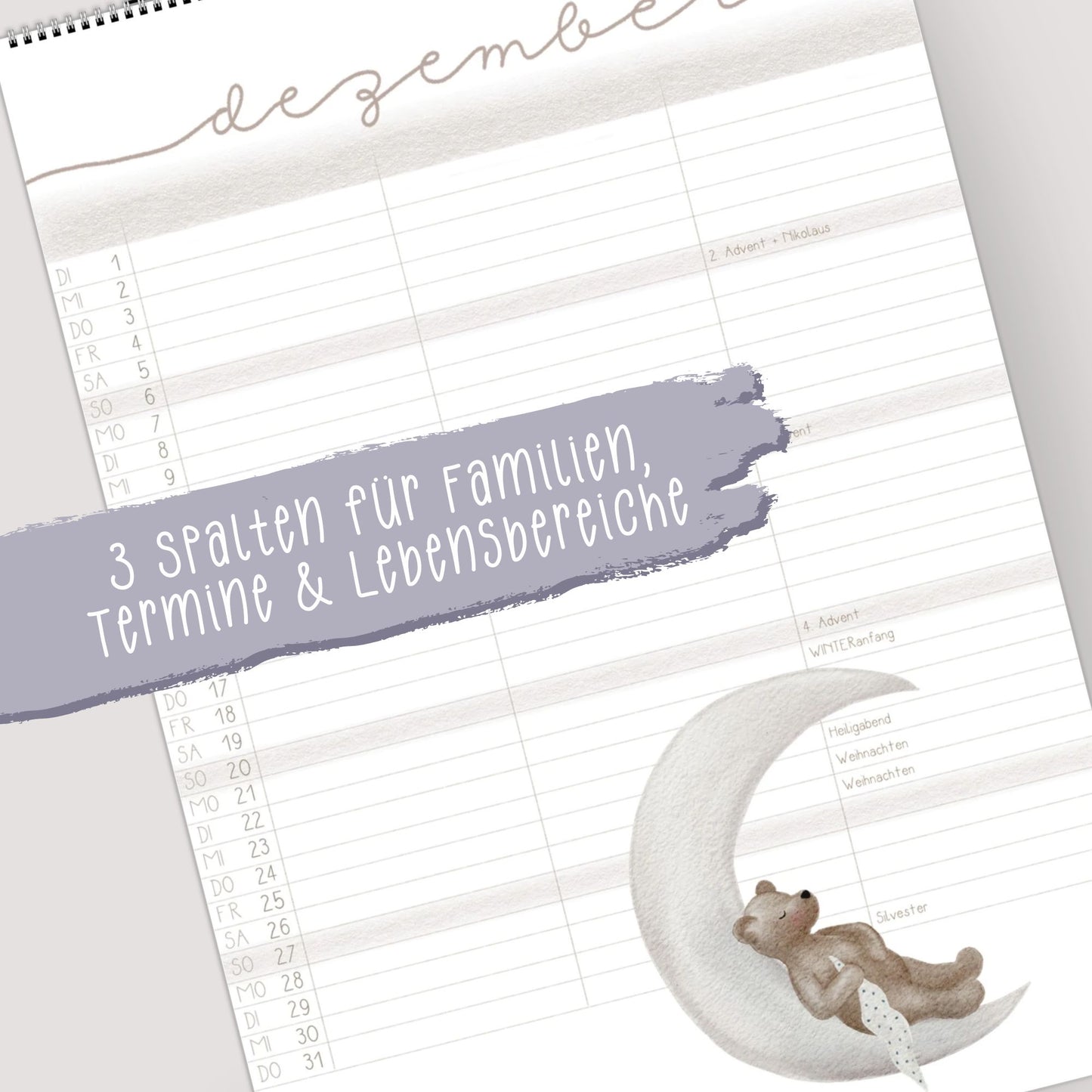 Lustiger Bären Familienplaner 2026 -  Wandkalender für die ganze Familie mit 3 Spalten, Geschenkidee