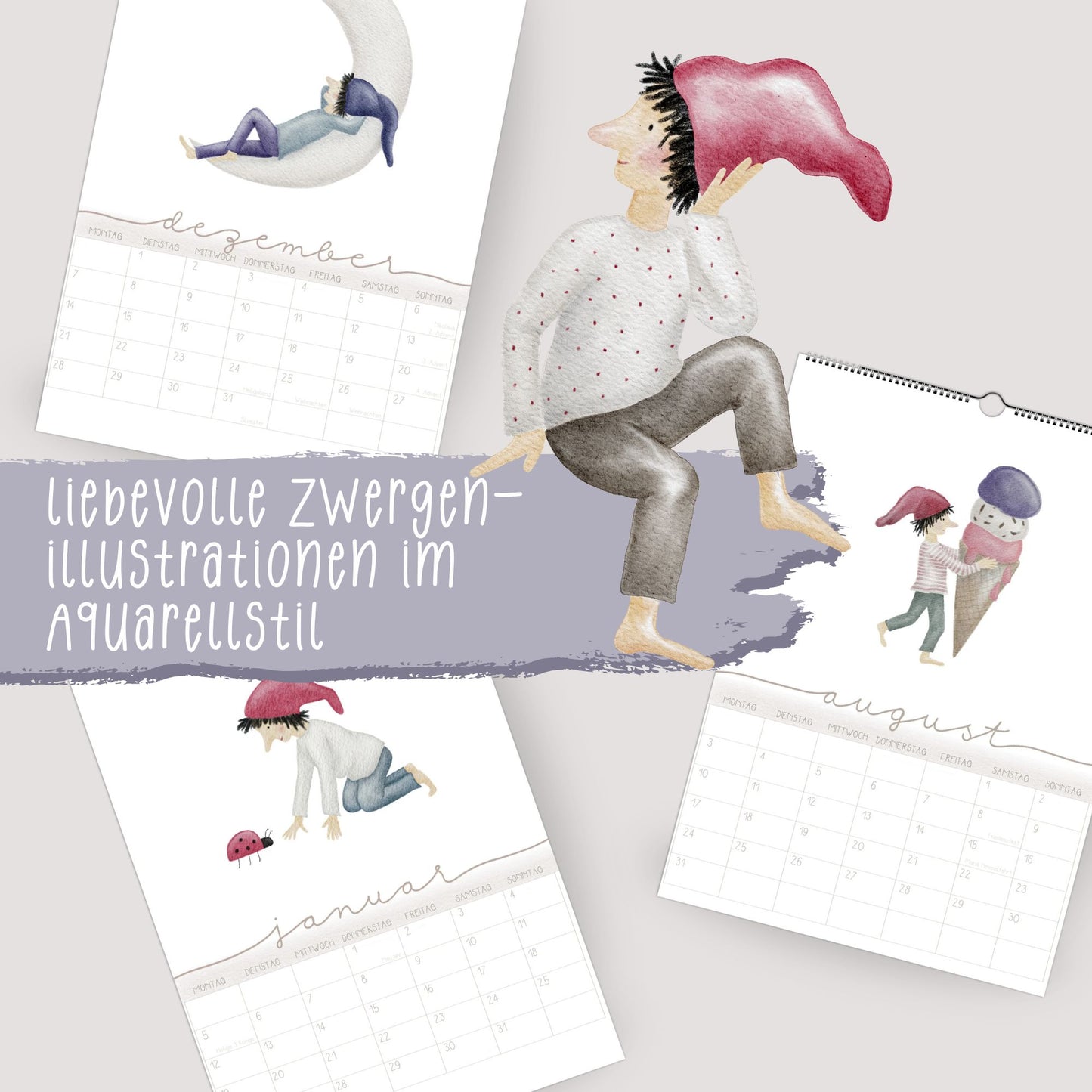 Wandplaner 2026 "Zwerge" A3/A4 – liebevoll illustrierter Kalender mit Zwergenmotiven | märchenhaftes Design | Weihnachtsgeschenk 2026