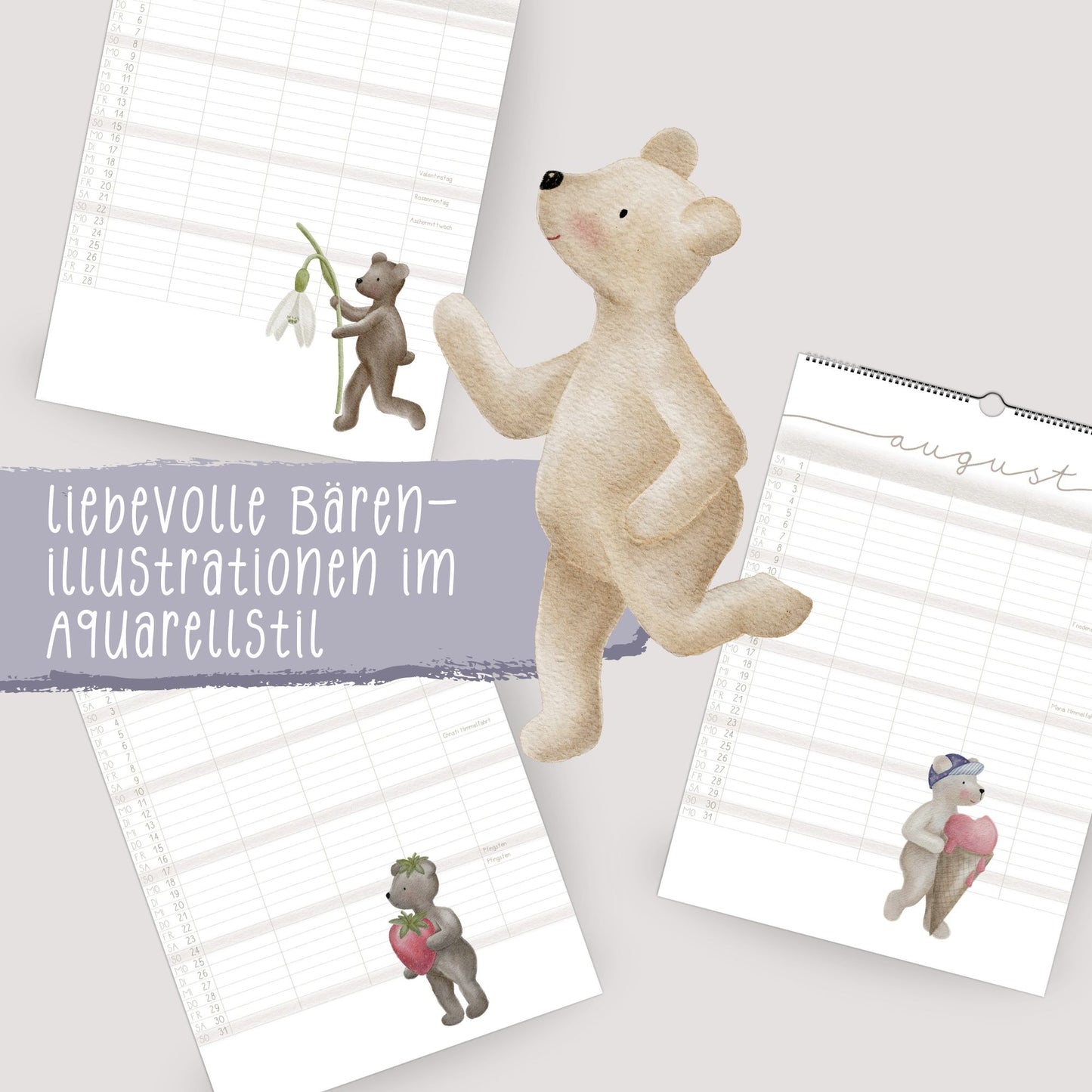 Lustiger Bären Familienplaner 2026 -  Wandkalender für die ganze Familie mit 5 Spalten, Geschenkidee