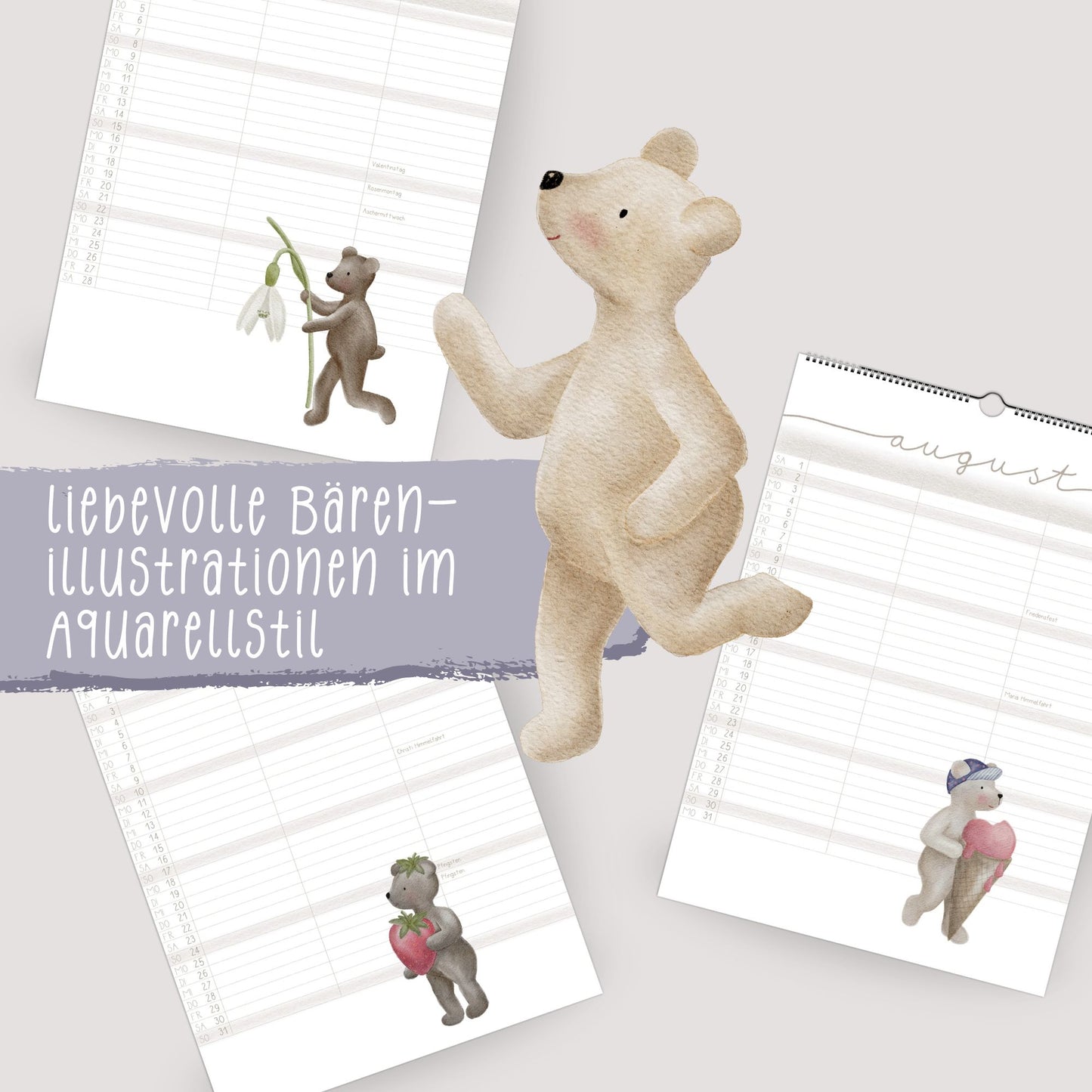 Lustiger Bären Familienplaner 2026 -  Wandkalender für die ganze Familie mit 3 Spalten, Geschenkidee