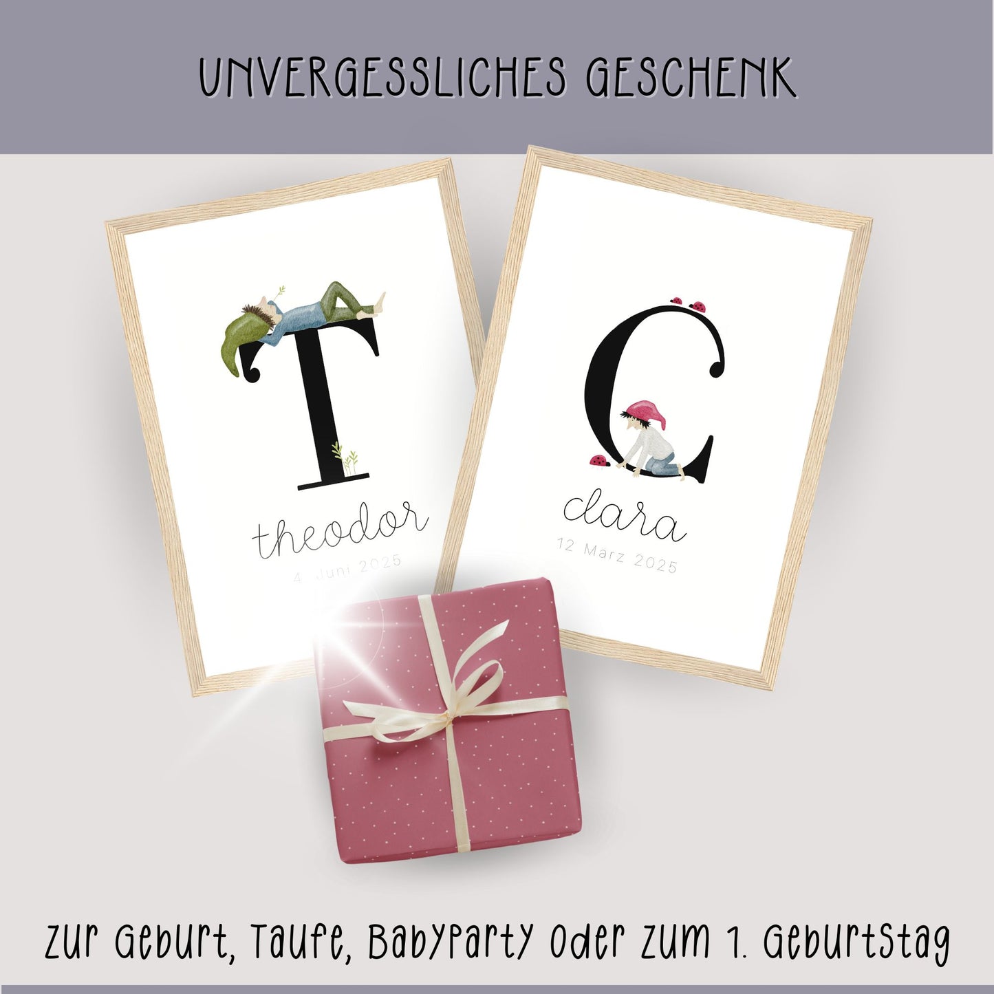 gerahmtes Geburtsposter mit Zwergenbuchstabe (personalisierbar)