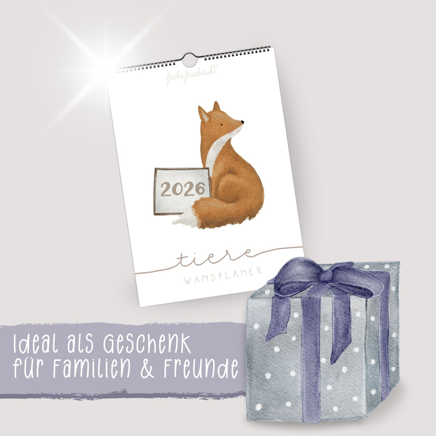 Wandplaner 2026 Lieblingstiere A3/A4 | Handillustrierter Aquarell Kalender | Ruhiges Kinderzimmer Design | Geschenk Familie