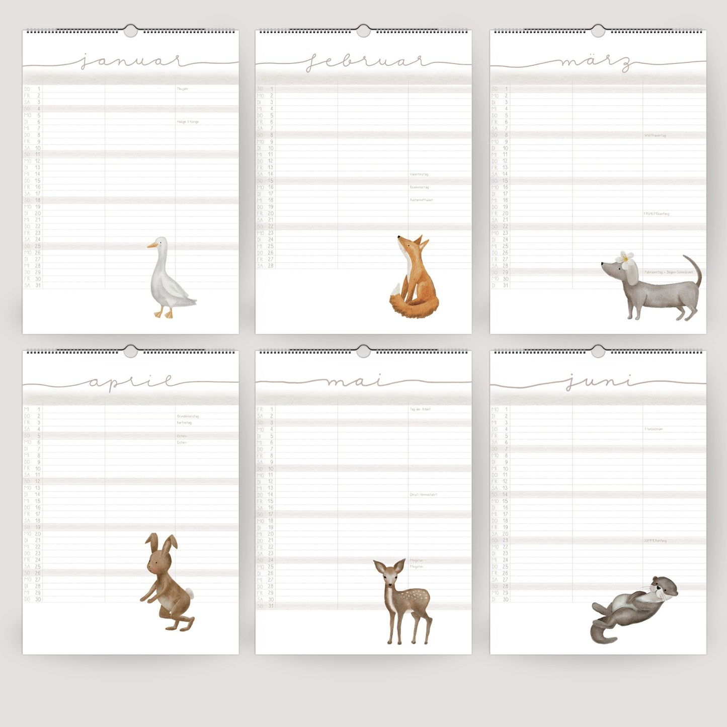 Familienplaner 2026 "Waldtiere" - Handillustrierter Wandkalender für die ganze Familie mit 3 Spalten