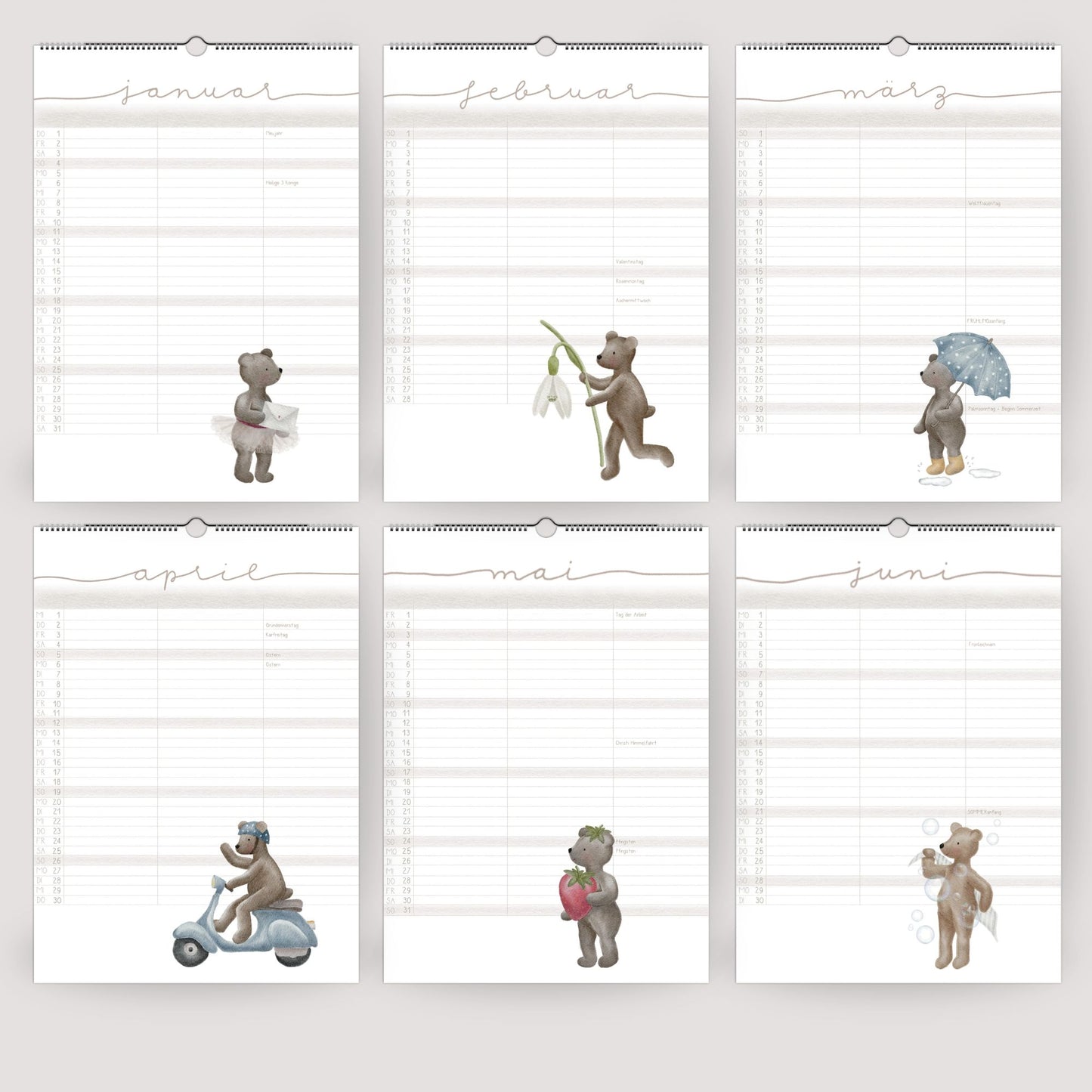 Lustiger Bären Familienplaner 2026 -  Wandkalender für die ganze Familie mit 3 Spalten, Geschenkidee