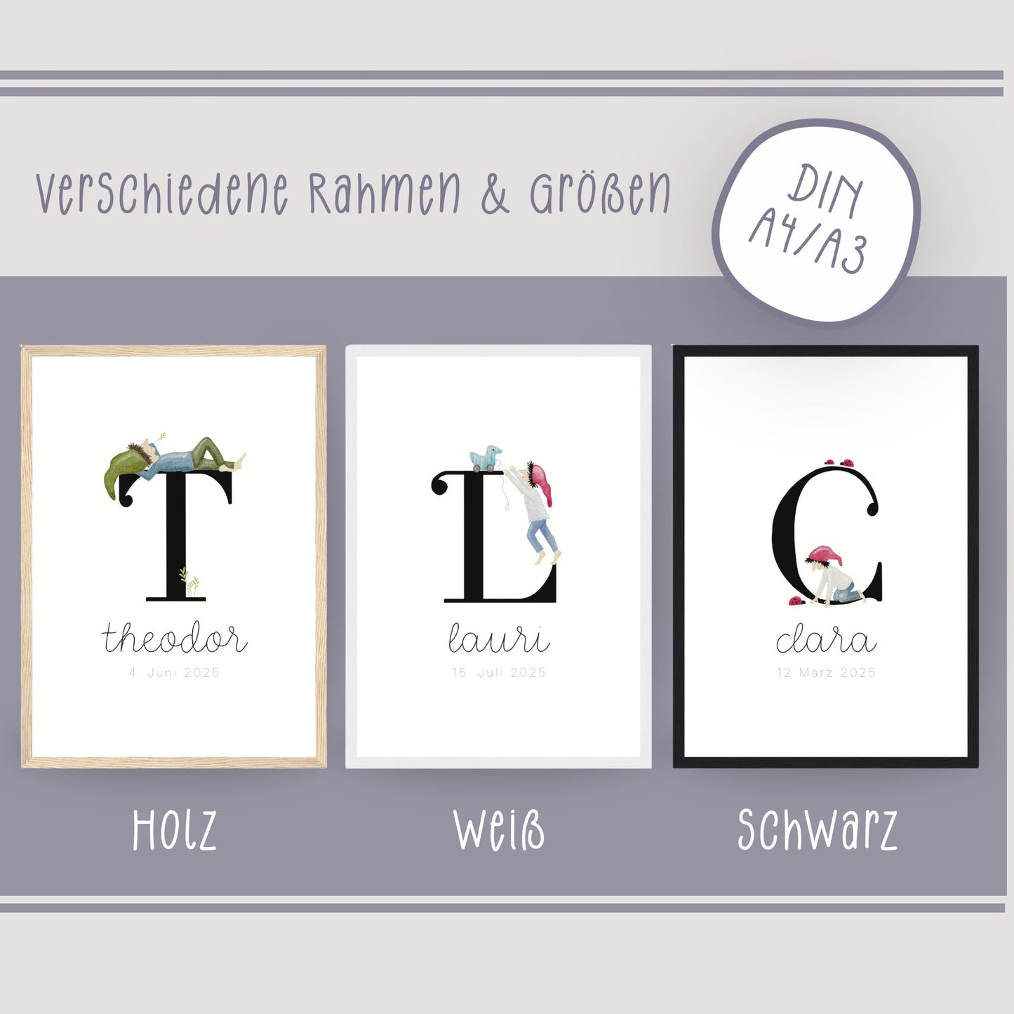 gerahmtes Geburtsposter mit Zwergenbuchstabe (personalisierbar)