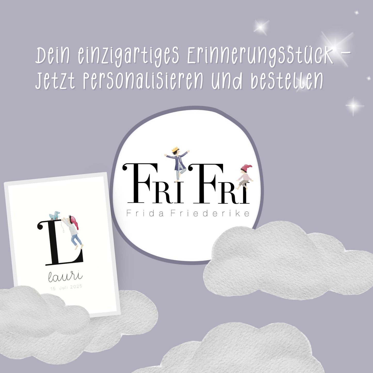 gerahmtes Geburtsposter mit Zwergenbuchstabe (personalisierbar)