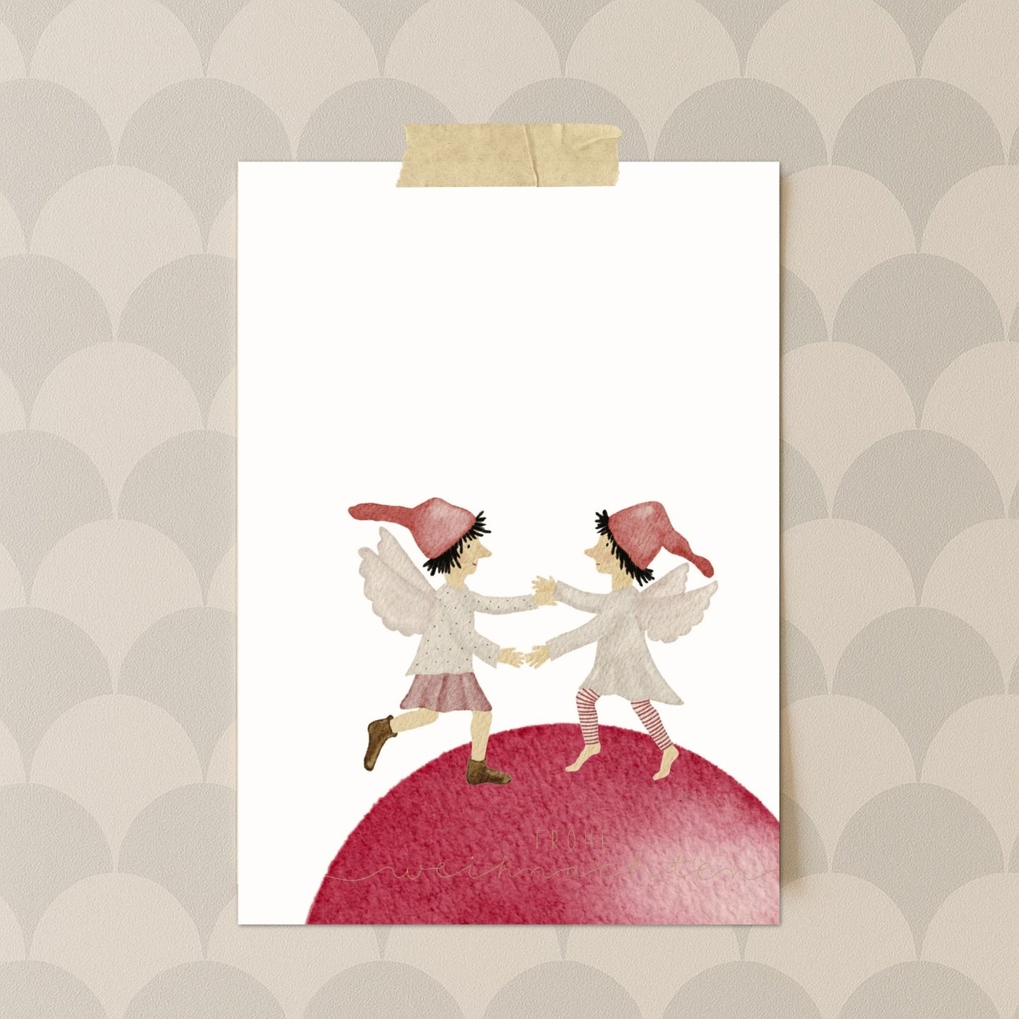 Weihnachtskarten Set 10 Stück – Tanzende Weihnachtselfen auf Christbaumkugel | handillustrierte Grußkarten A6/A5 | Motiv „Frohe Weihnachten“