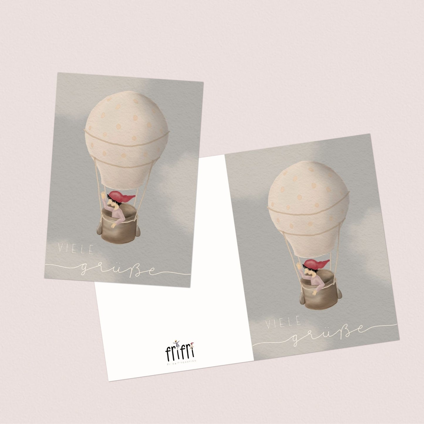 Grußkarten Set 10 Stück – "Zwerg auf Ballonfahrt" | liebevoll illustrierte Postkarten A5/A6 | Motiv „Viele Grüße“