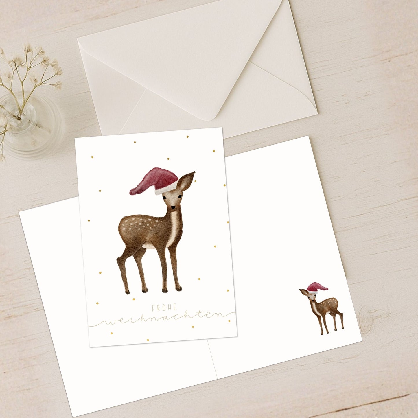 Weihnachtskarten Set 10 Stück – Kleines Reh mit Weihnachtsmütze | handillustrierte Grußkarten A5/A6 | Motiv „Frohe Weihnachten“