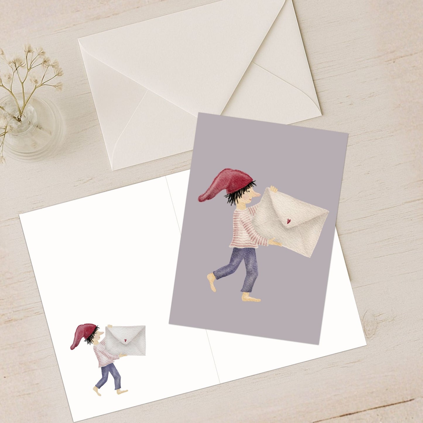 Grußkarten Set 10 Stück – „Zwergenpost“ | handillustrierte Karten A6/A5 | Motiv Zwerg mit Briefumschlag & liebevolle Grüße