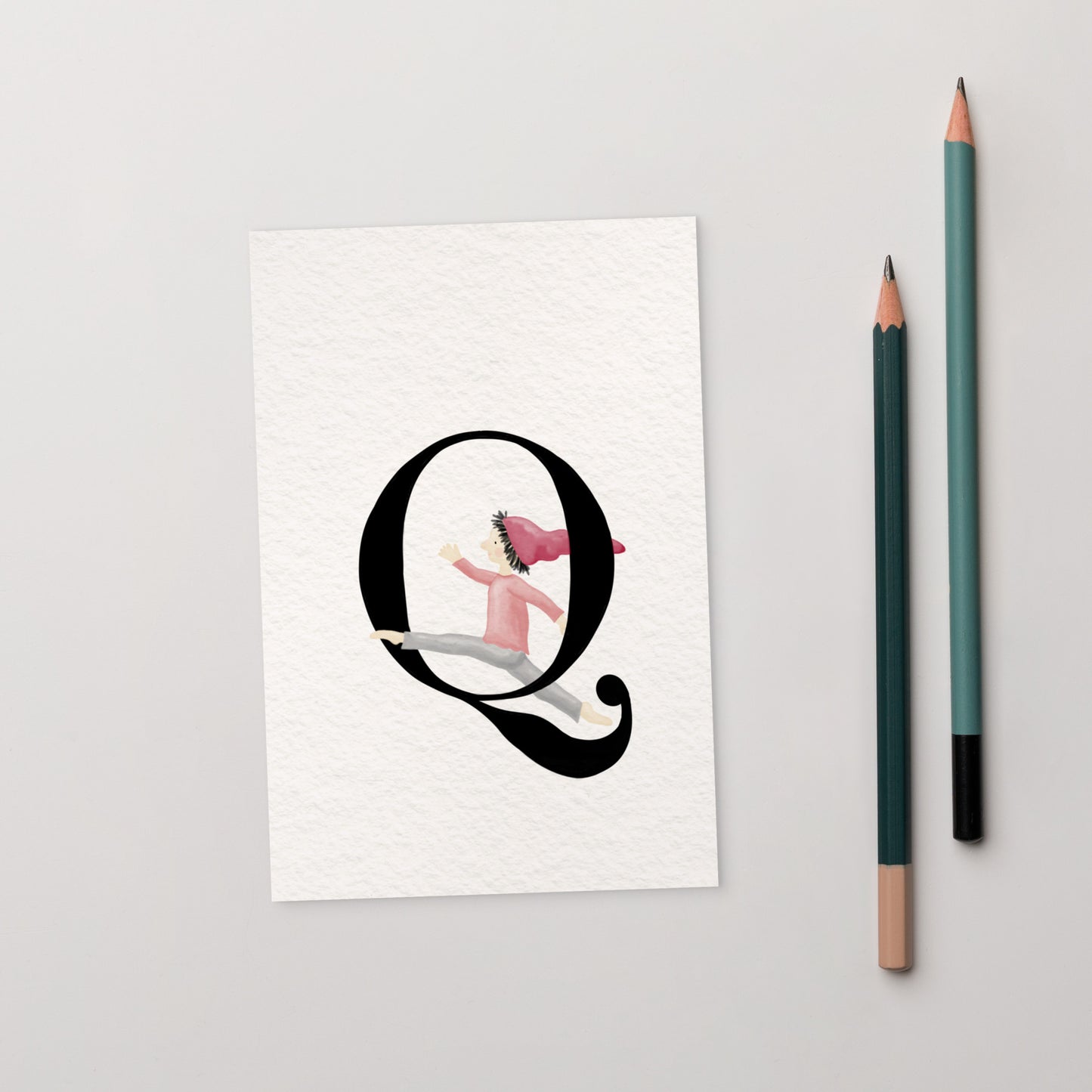 Buchstabenkarte "Q" im Zwergendesign