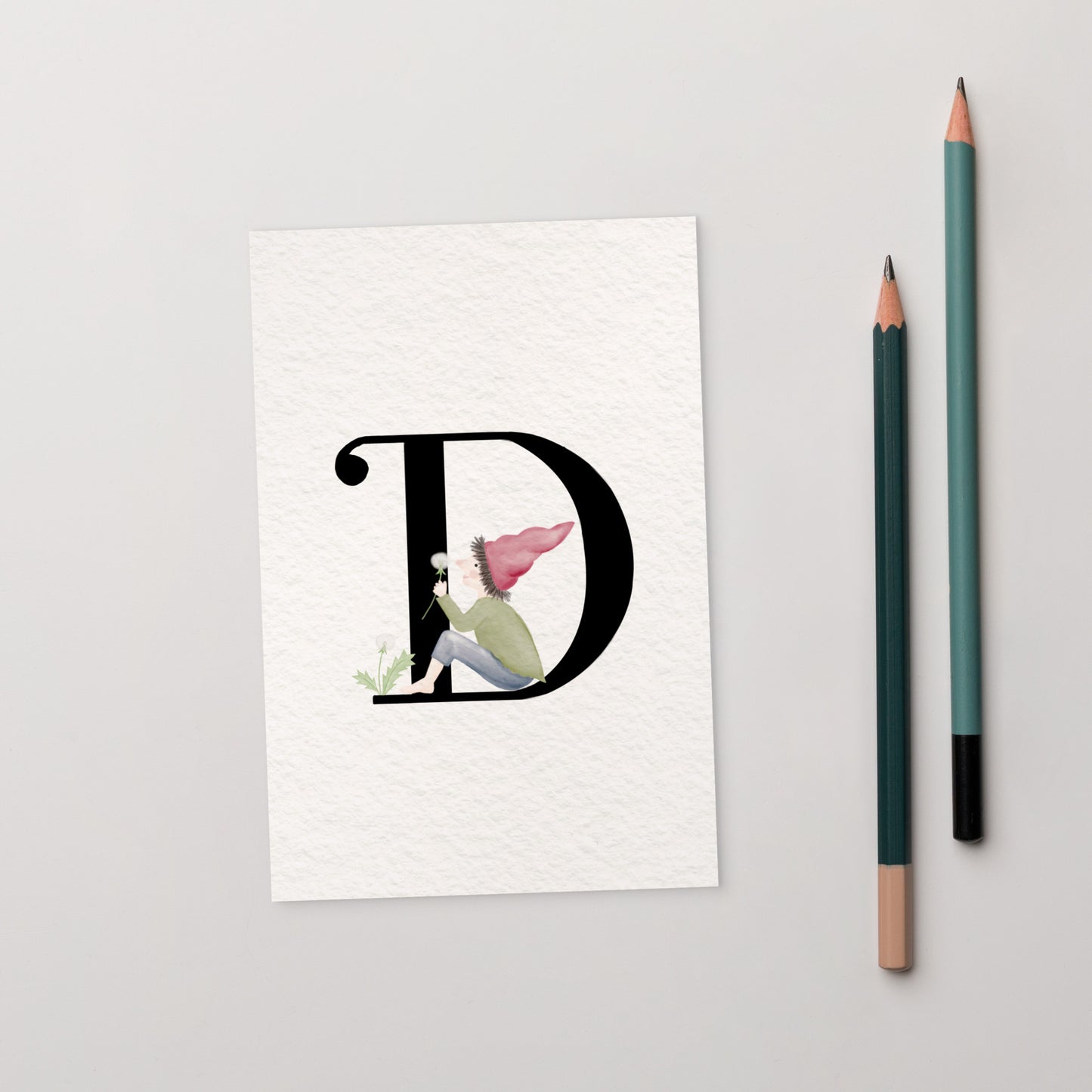 Buchstabenkarte "D" im Zwergendesign