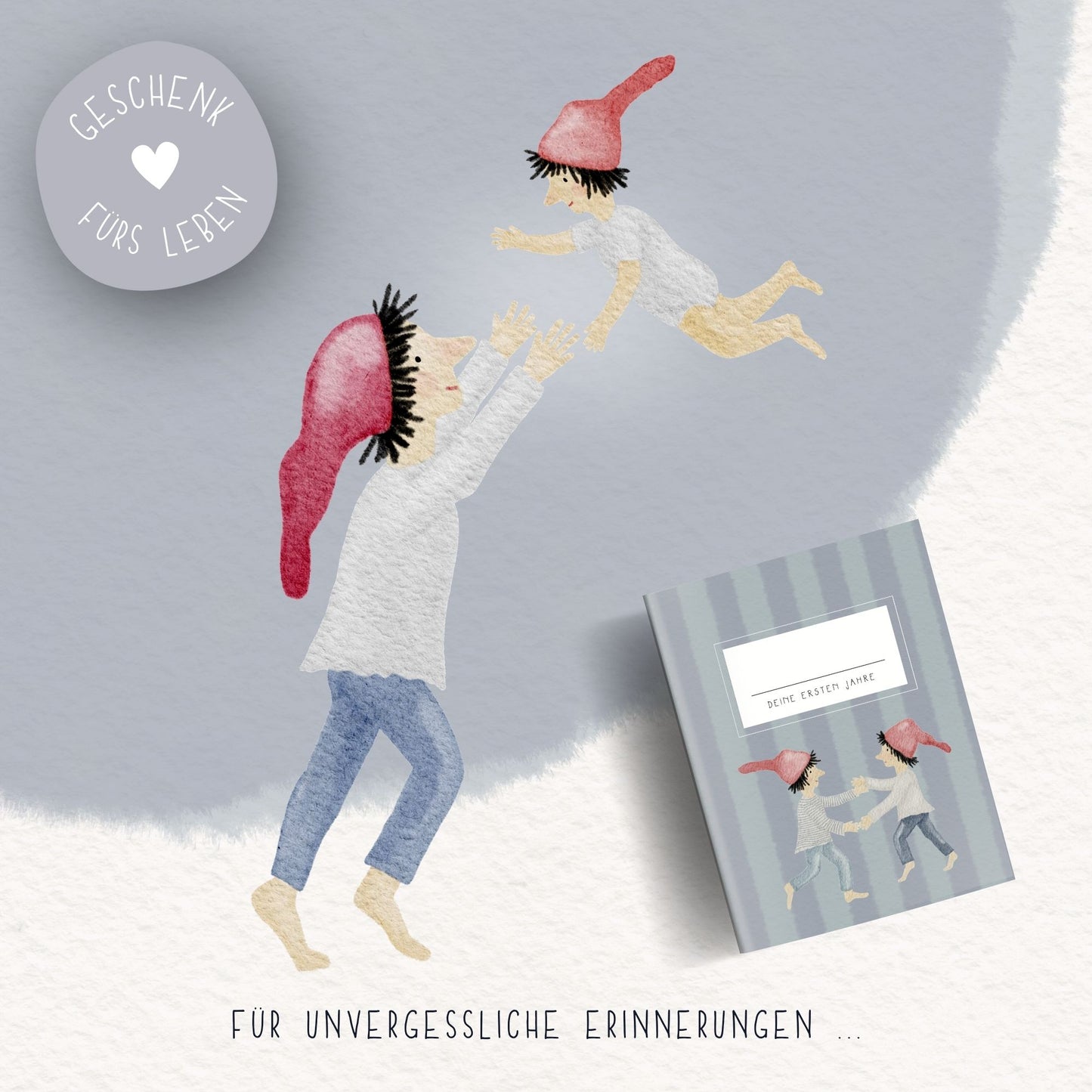 Baby Erinnerungsbuch handillustriert Zwergendesign | Babyalbum 0–3 Jahre Hardcover | Geschenk zur Geburt & Taufe | Aquarell Ausfüllalbum