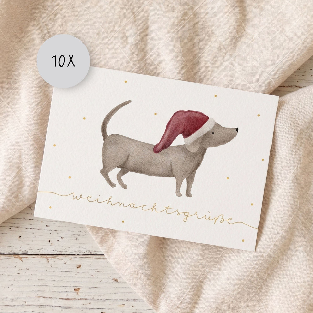 Weihnachtskarten Set 10 Stück – "Dackel mit Weihnachtsmütze" | Grußkarten Weihnachten Hund A6/A5 | Weihnachtsgrüße