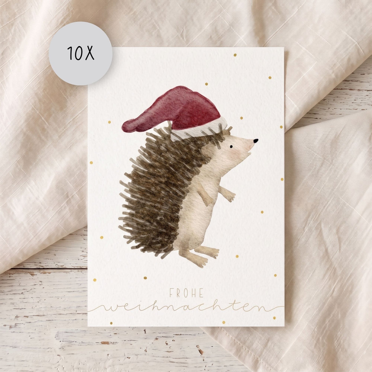 Weihnachtskarten Set 10 Stück  – Igel mit Weihnachtsmütze | liebevoll illustrierte Grußkarten A5/A6 | Motiv „Frohe Weihnachten“