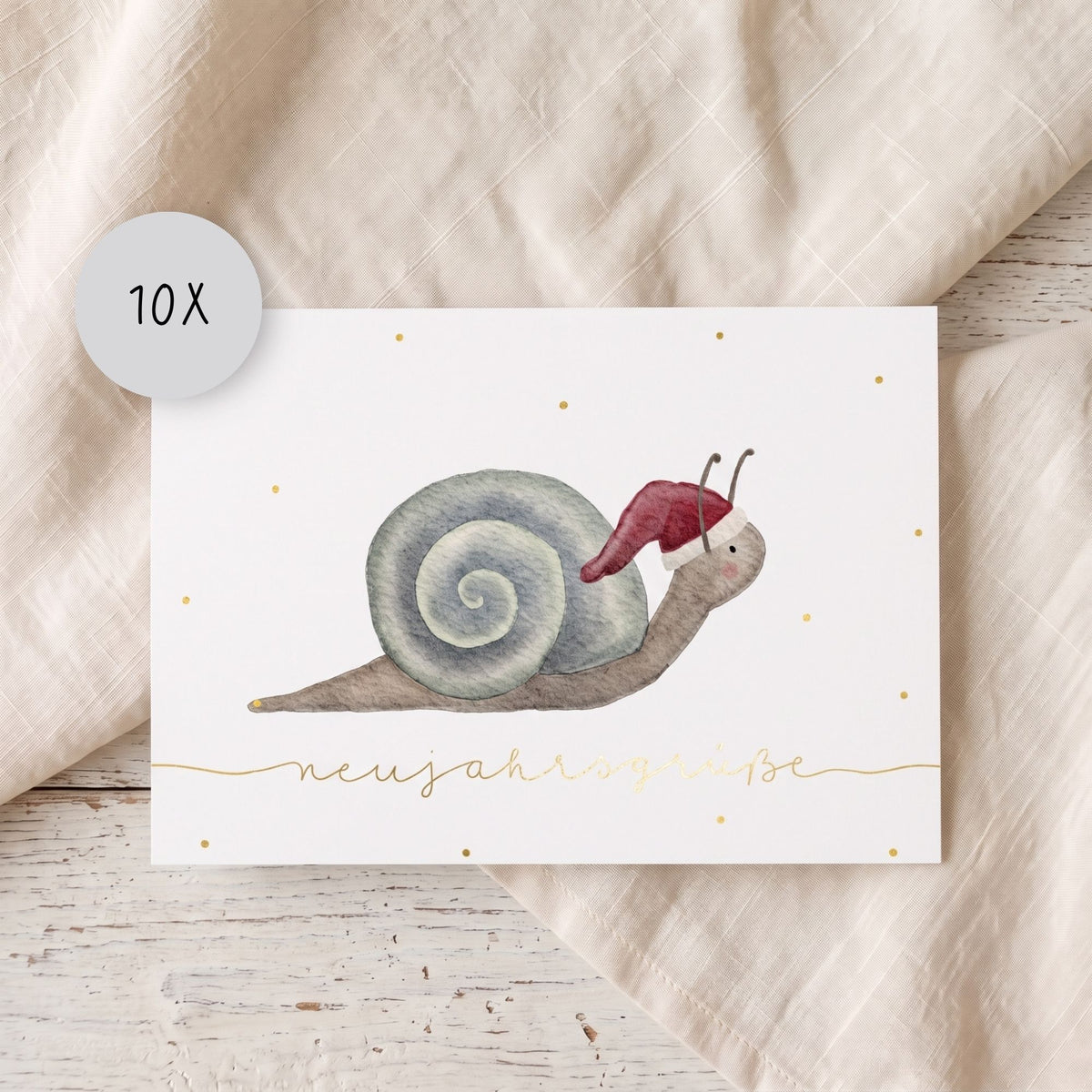 Neujahrskarten 10er Set – Kleine Schnecke mit Weihnachtsmütze | handillustrierte Grußkarten A6/A5 | Motiv „Neujahrsgrüße“