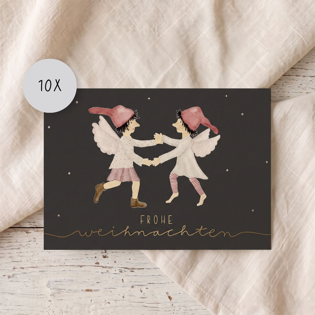 Weihnachtskarten Set 10 Stück  – "tanzende Wichtel" | handillustrierte Grußkarten A6/A5 | Postkarten „Frohe Weihnachten“