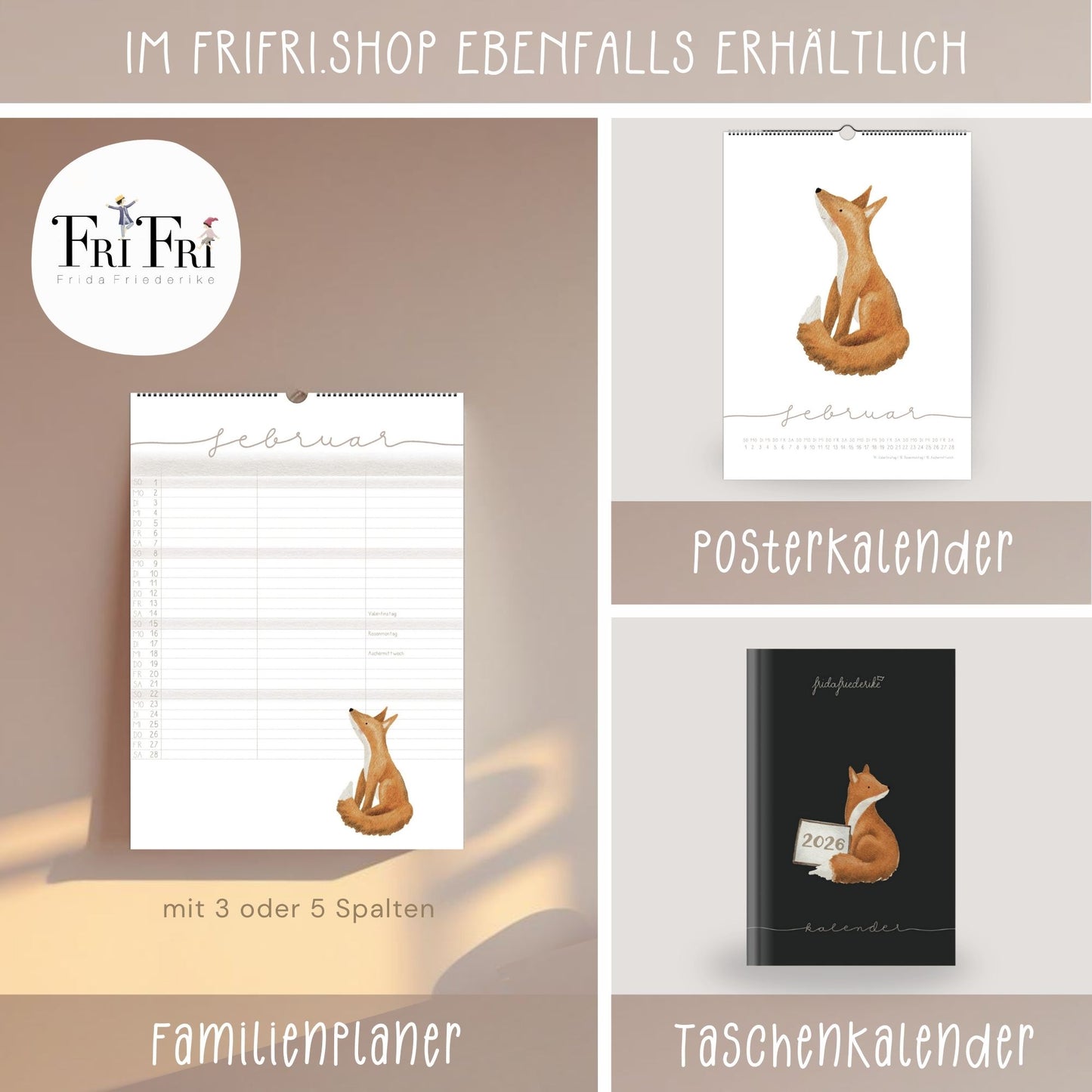 Wandplaner 2026 Lieblingstiere A3/A4 | Handillustrierter Aquarell Kalender | Ruhiges Kinderzimmer Design | Geschenk Familie