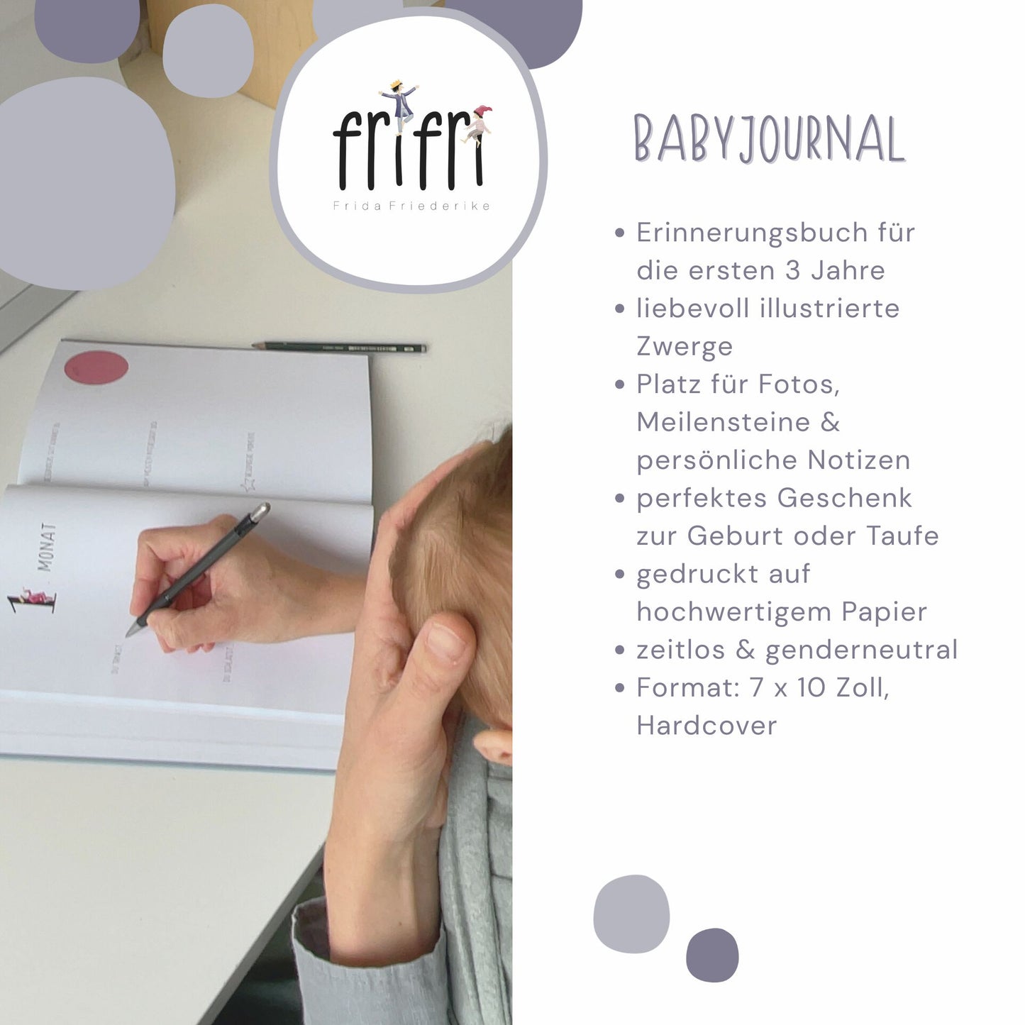 Baby Erinnerungsbuch handillustriert Zwergendesign | Babyalbum 0–3 Jahre Hardcover | Geschenk zur Geburt & Taufe | Aquarell Ausfüllalbum