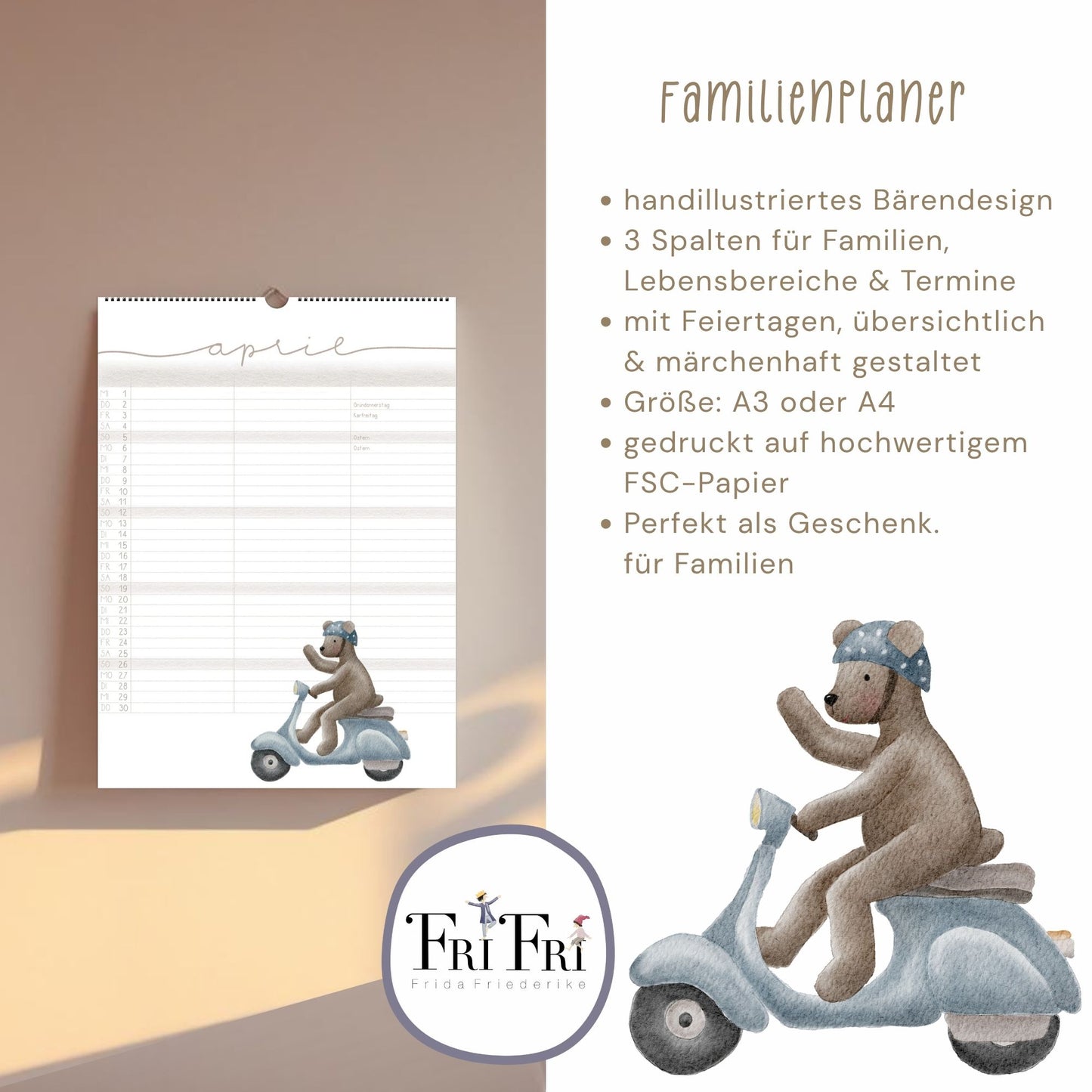 Lustiger Bären Familienplaner 2026 -  Wandkalender für die ganze Familie mit 3 Spalten, Geschenkidee