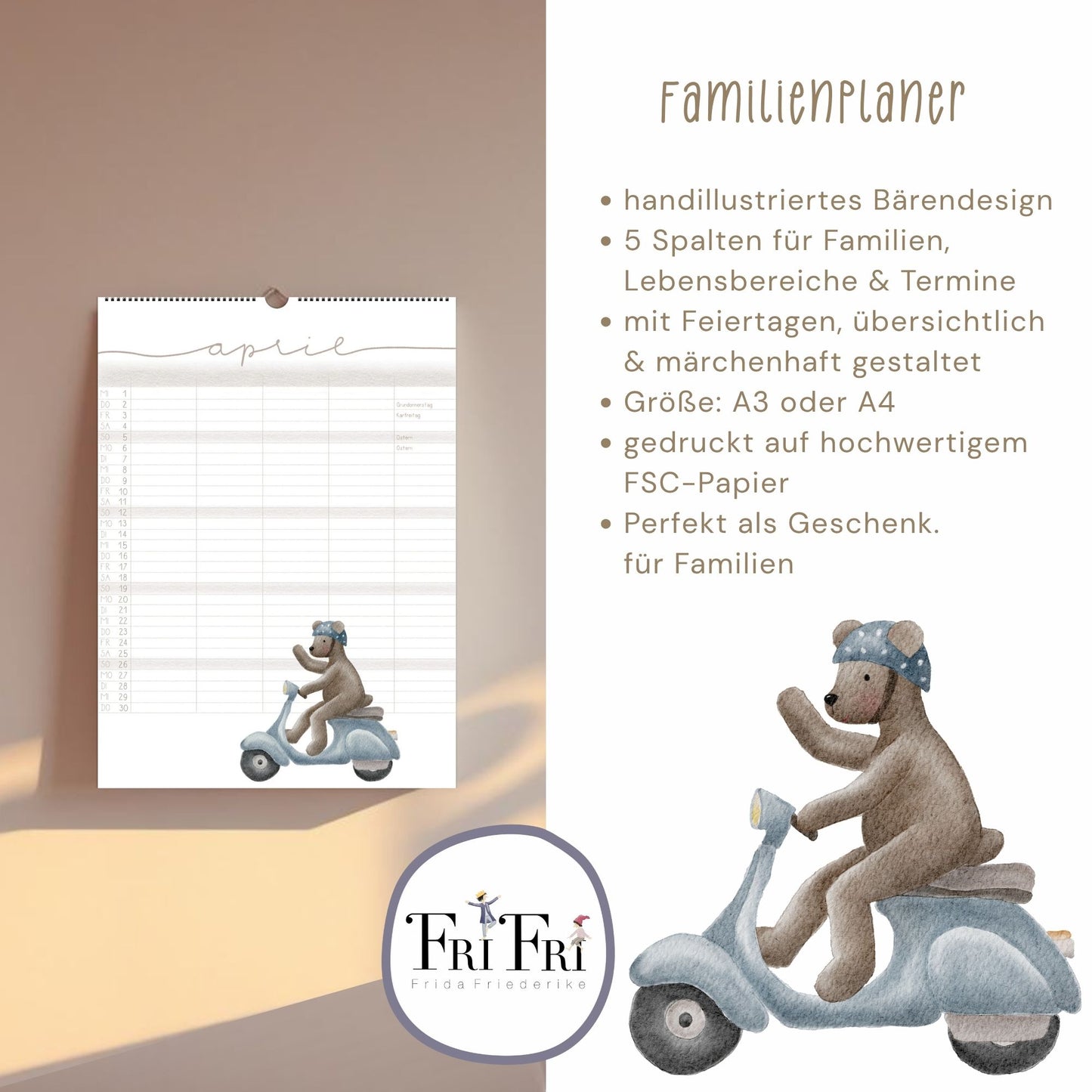 Lustiger Bären Familienplaner 2026 -  Wandkalender für die ganze Familie mit 5 Spalten, Geschenkidee