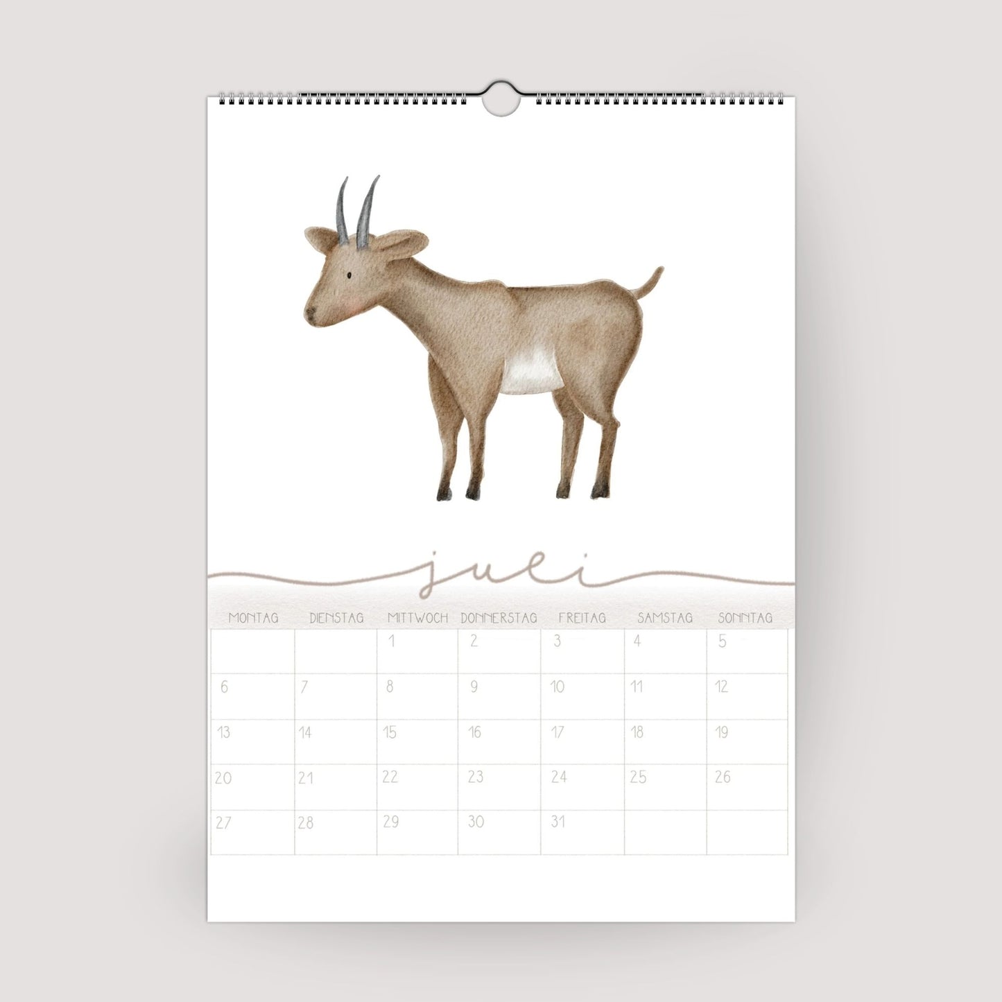 Wandplaner 2026 Lieblingstiere A3/A4 | Handillustrierter Aquarell Kalender | Ruhiges Kinderzimmer Design | Geschenk Familie