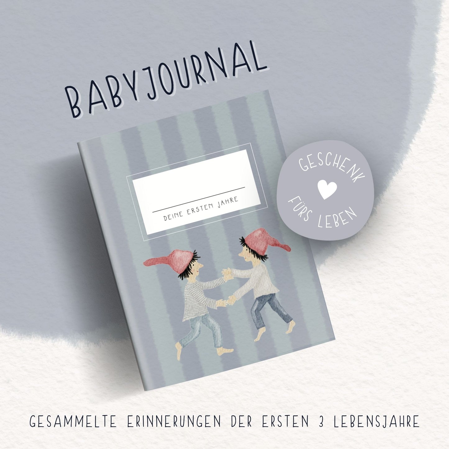Baby Erinnerungsbuch handillustriert Zwergendesign | Babyalbum 0–3 Jahre Hardcover | Geschenk zur Geburt & Taufe | Aquarell Ausfüllalbum