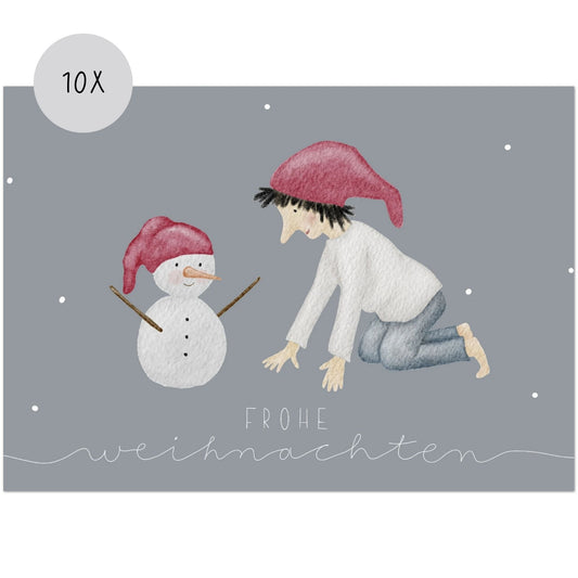 Weihnachtskarten Set 10 Stück – "Wichtel & Schneemann" | handillustrierte Grußkarten/Postkarten A5/A6 | Frohe Weihnachten