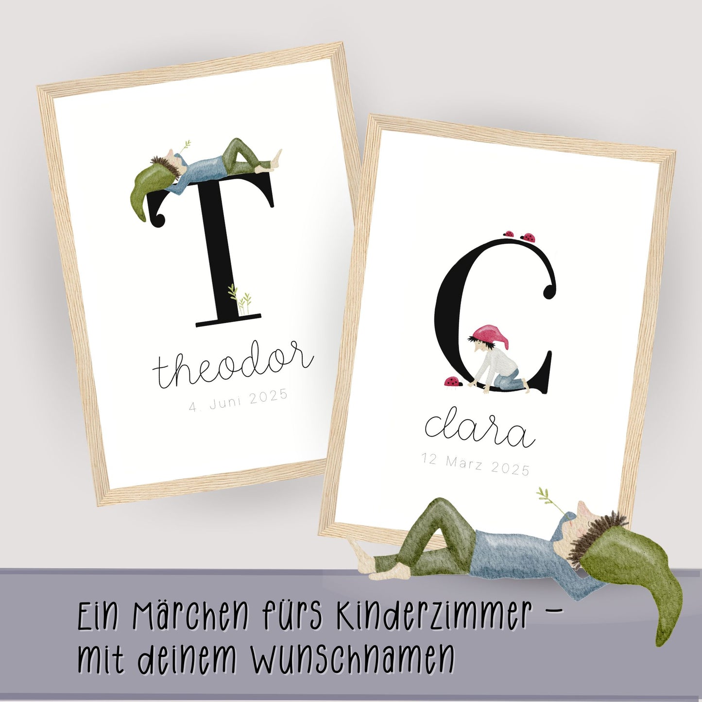 gerahmtes Geburtsposter mit Zwergenbuchstabe (personalisierbar)