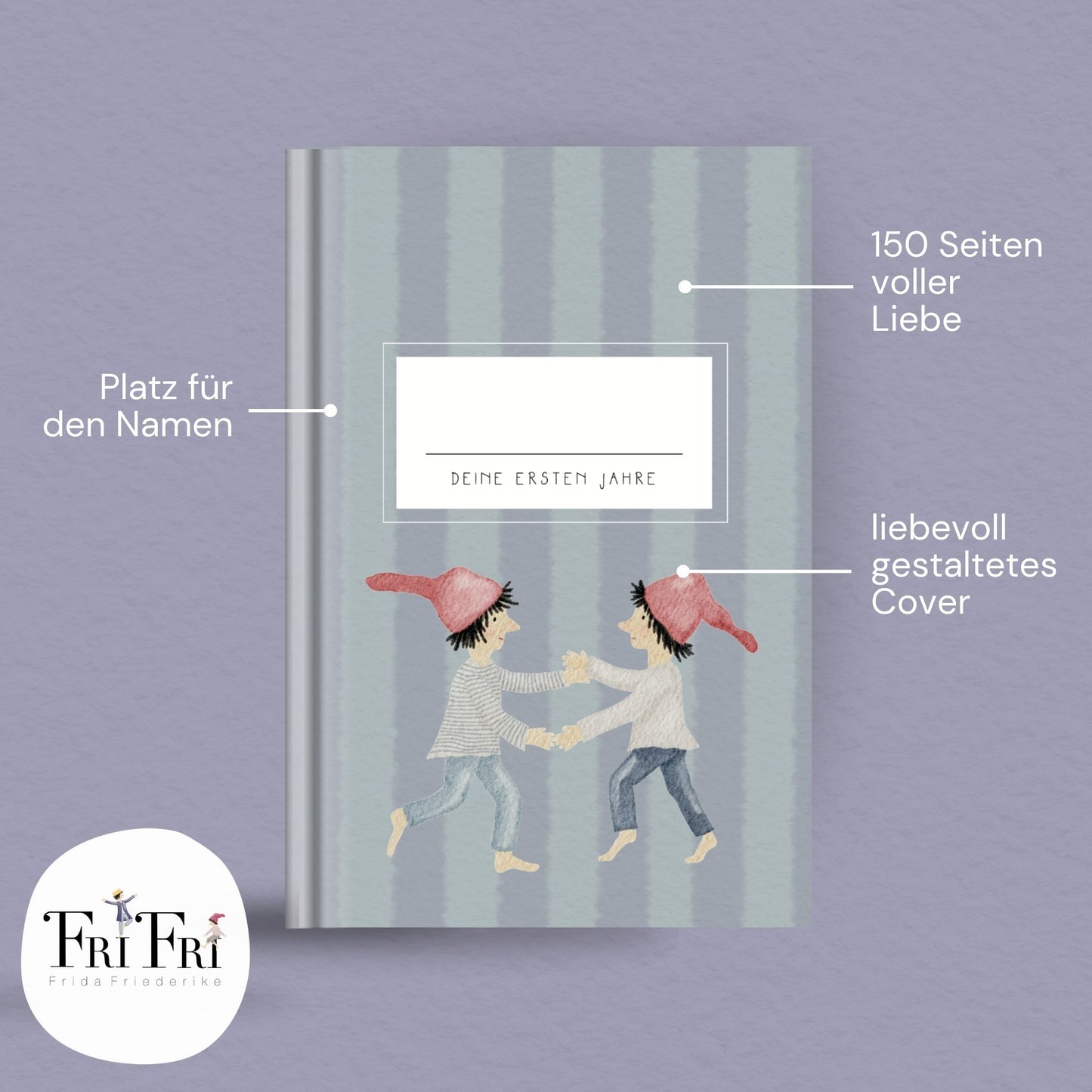 Handillustriertes Baby Erinnerungsbuch im Zwergendesign – Aquarell Hardcover Babyalbum 0–3 Jahre als Geschenk zur Geburt oder Taufe Cover 