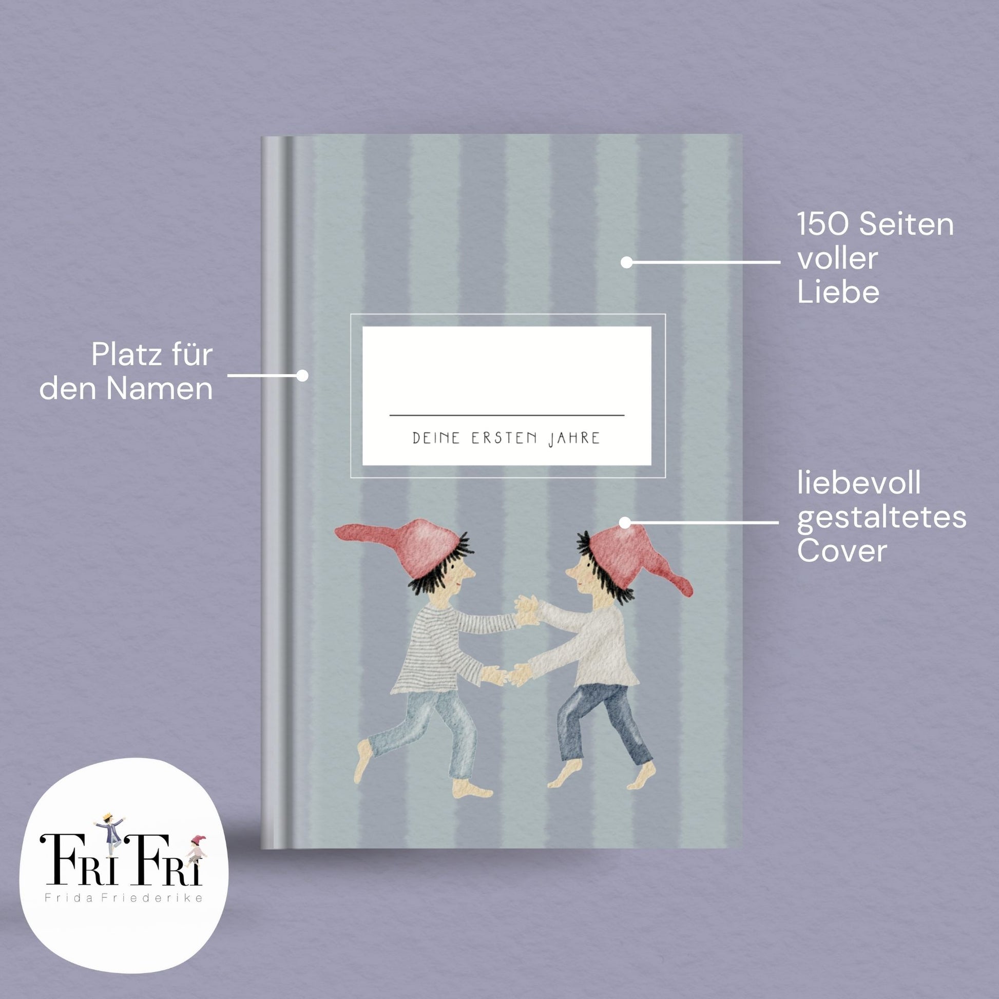 Handillustriertes Baby Erinnerungsbuch im Zwergendesign – Aquarell Hardcover Babyalbum 0–3 Jahre als Geschenk zur Geburt oder Taufe Cover 