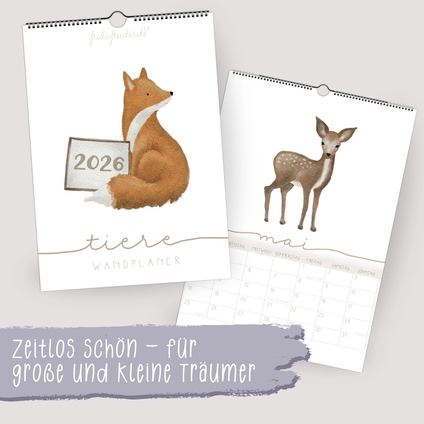 Wandplaner 2026 Lieblingstiere A3/A4 | Handillustrierter Aquarell Kalender | Ruhiges Kinderzimmer Design | Geschenk Familie