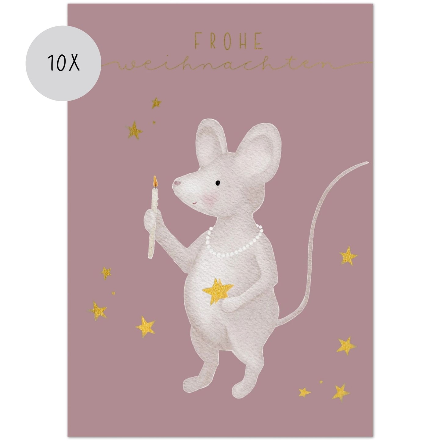 Weihnachtskarten Set 10 Stück – kleine "Weihnachtsmaus mit Kerze" | liebevoll illustrierte Grußkarten A5/A6 | „Frohe Weihnachten“
