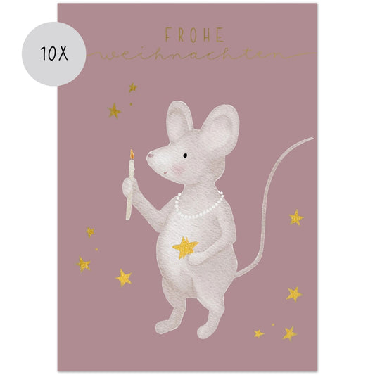Weihnachtskarten Set 10 Stück – kleine "Weihnachtsmaus mit Kerze" | liebevoll illustrierte Grußkarten A5/A6 | „Frohe Weihnachten“