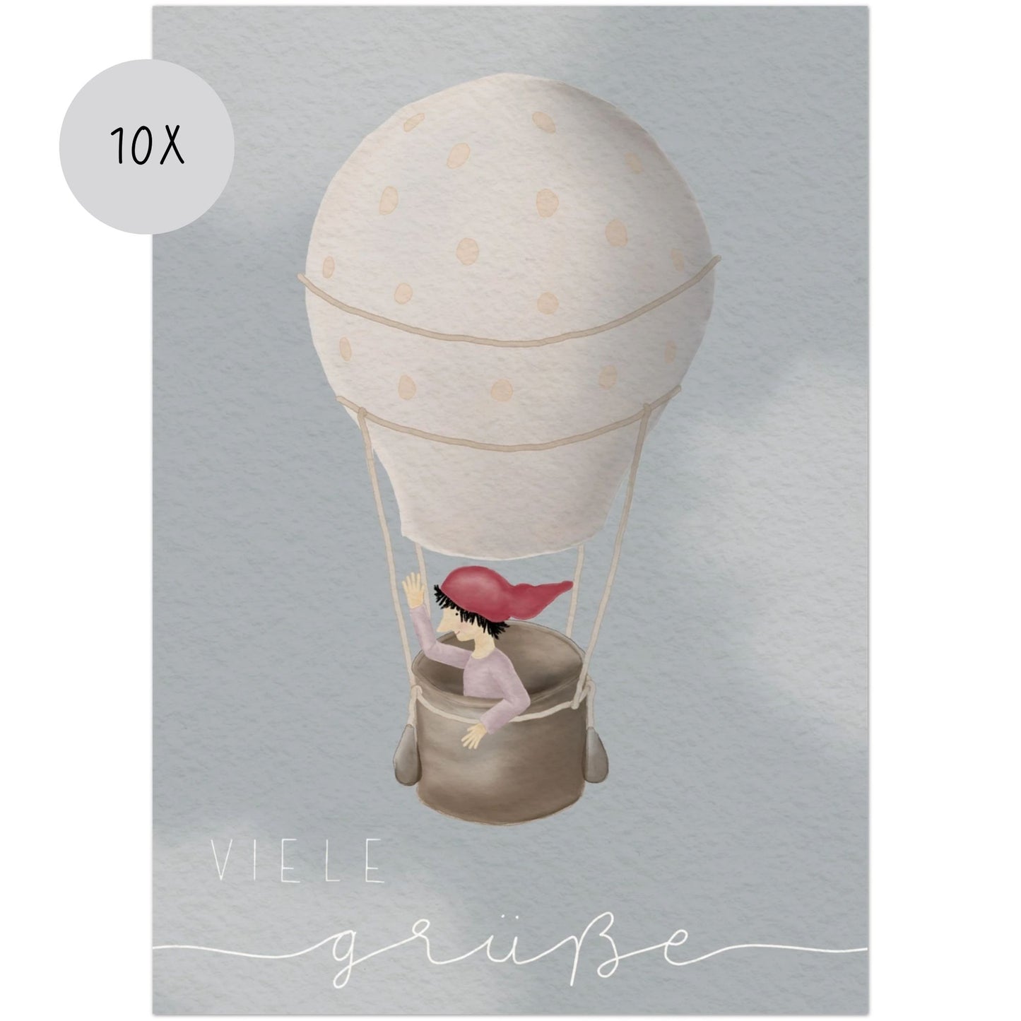 Grußkarten Set 10 Stück – "Zwerg auf Ballonfahrt" | liebevoll illustrierte Postkarten A5/A6 | Motiv „Viele Grüße“