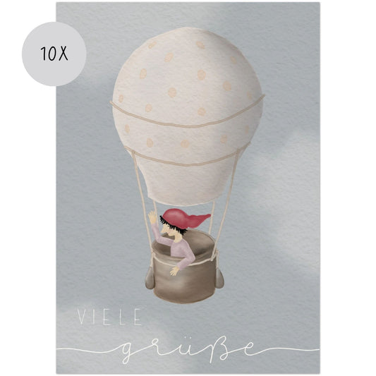 Grußkarten Set 10 Stück – "Zwerg auf Ballonfahrt" | liebevoll illustrierte Postkarten A5/A6 | Motiv „Viele Grüße“
