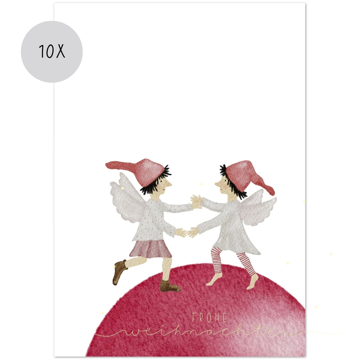 Weihnachtskarten Set 10 Stück – Tanzende Weihnachtselfen auf Christbaumkugel | handillustrierte Grußkarten A6/A5 | Motiv „Frohe Weihnachten“